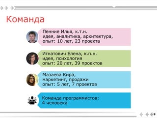 Команда
9
Пенние Илья, к.т.н.
идея, аналитика, архитектура,
опыт: 10 лет, 23 проекта
Игнатович Елена, к.п.н.
идея, психология
опыт: 20 лет, 39 проектов
Мазаева Кира,
маркетинг, продажи
опыт: 5 лет, 7 проектов
Команда программистов:
4 человека
 