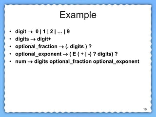 16
Example
• digit  0 | 1 | 2 | … | 9
• digits  digit+
• optional_fraction  (. digits ) ?
• optional_exponent  ( E ( + | -) ? digits) ?
• num  digits optional_fraction optional_exponent
 