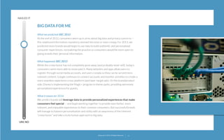 NAILED IT

BIG DATA FOR ME
What we predicted: DEC 2012
At the end of 2012, consumers were up in arms about big data and privacy concerns —
this newfound information repository seemed intrusive or even creepy. For 2013, we
predicted more brands would begin to use data to build authentic and personalized
consumer experiences, normalizing the practice so consumers would be more open to
giving brands their personal information.
What happened: DEC 2013
While the creep factor has not completely gone away (and probably never will), today’s
consumers seem more able to move past it. Many websites and apps allow users to
register through social media accounts, and users comply so they can be served more
relevant content. Google continues to connect accounts and monitor activities to create a
more seamless experience cross-platform (and laser-target ads). On the brand/product
side, Disney is implementing the Magic+ program in theme parks, providing extremely
personalized experiences for guests.
What it means for 2014:
We predict brands will leverage data to provide personalized experiences that make
consumers feel special — and begin working together to provide even better, more
relevant, and enjoyable experiences to their common consumers. But successful brands
will manage to balance personalization and utility with an awareness of the inherent
“creep factor” and take a truly human approach to big data.
UM, NO

22squared © 2013. All Rights Reserved.

11

 
