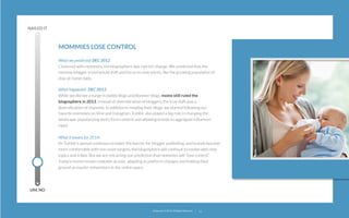 NAILED IT

MOMMIES LOSE CONTROL  
What we predicted: DEC 2012
Cluttered with mommies, the blogosphere was ripe for change. We predicted that the
mommy-blogger trend would shift and focus on new voices, like the growing population of
stay-at-home dads.
What happened: DEC 2013
While we did see a surge in daddy blogs and Boomer blogs, moms still ruled the
blogosphere in 2013. Instead of diversiﬁcation of bloggers, the true shift was a
diversiﬁcation of channels. In addition to reading their blogs, we started following our
favorite mommies on Vine and Instagram. Tumblr also played a big role in changing the
landscape, popularizing short-form content and allowing brands to aggregate inﬂuencer
input.
What it means for 2014:
As Tumblr’s spread continues to lower the barrier for blogger publishing, and brands become
more comfortable with non-mom targets, the blogosphere will continue to evolve with new
topics and tribes. But we are retracting our prediction that mommies will “lose control.”
Today’s moms remain relatable as ever, adapting to platform changes and holding their
ground as master networkers in the online space.

UM, NO

22squared © 2013. All Rights Reserved.

12

 