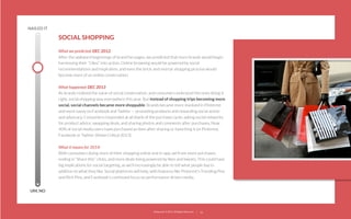 NAILED IT

SOCIAL SHOPPING  
What we predicted: DEC 2012
After the awkward beginnings of brand fan pages, we predicted that more brands would begin
harnessing their “Likes” into action. Online browsing would be powered by social
recommendations and inspiration, and even the brick-and-mortar shopping process would
become more of an online conversation.
What happened: DEC 2013
As brands realized the value of social conversation, and consumers embraced the ones doing it
right, social shopping was everywhere this year. But instead of shopping trips becoming more
social, social channels became more shoppable. Brands became more involved in Pinterest
and more savvy on Facebook and Twitter — promoting products and rewarding social action
and advocacy. Consumers responded at all levels of the purchase cycle: asking social networks
for product advice, swapping deals, and sharing photos and comments after purchases. Now
40% of social media users have purchased an item after sharing or favoriting it on Pinterest,
Facebook or Twitter (Vision Critical 2013).
What it means for 2014:
With consumers doing more of their shopping online and in-app, we’ll see more purchases
ending in “Share this” clicks, and more deals being powered by likes and tweets. This could have
big implications for social targeting, as we’ll increasingly be able to tell what people buy in
addition to what they like. Social platforms will help, with features like Pinterest’s Trending Pins
and Rich Pins, and Facebook’s continued focus on performance-driven media.
UM, NO

22squared © 2013. All Rights Reserved.

20

 