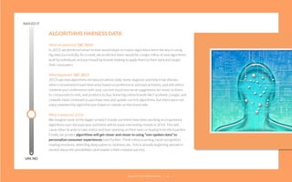 NAILED IT

ALGORITHMS HARNESS DATA  
What we predicted: DEC 2012
In 2013, we predicted smart brands would begin to realize algorithms were the key to using
big data successfully. As a result, we predicted there would be a major inﬂux of new algorithms
built by individuals and purchased by brands looking to apply them to their data and target
their consumers.
What happened: DEC 2013
2013 saw new algorithms introduced almost daily. Some diagnose and help treat disease,
others recommend travel itineraries based on preferences and past activities, and still others
combine your preferences with your current mood and serve suggestions for music to listen
to, restaurants to visit, and products to buy. Some big online brands like Facebook, Google, and
LinkedIn have continued to purchase new and update current algorithms, but there were not
many newsworthy algorithm purchases or reveals on the brand side.
What it means for 2014:
We imagine some of the bigger product brands out there have been working on proprietary
algorithms over the past year and there will be some interesting reveals in 2014. This will
cause other brands to take notice and start working on their own, or buying from third parties.
Finally, we predict algorithms will get closer and closer to using “non-spoken data” to
personalize consumer experiences even further. Think retina scanning, facial recognition,
reading emotions, detecting sleep patterns, sickness, etc. This is already beginning and we’re
excited about the possibilities (and maybe a little creeped out too).
UM, NO

22squared © 2013. All Rights Reserved.

28

 
