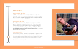 NAILED IT

TV CONTROL
What we predicted: DEC 2012
In 2013, we thought the remote control would keep pace with other
technology innovations. Whether it’s our phones as the remote or using our
voices to dial in our favorite TV shows, it didn’t seem outlandish to beat the
current cable channel menu’s UX nightmare.
What happened: DEC 2012
We saw the Samsung Galaxy S4, HTC One and a smattering of tablets
sporting features that allow users to control their TV and home theater
systems with the touch of an app. And DirecTV has recently rolled out a
voice-controlled TV platform. However, widespread adoption of this new
technology has yet to replace the traditional clunky remote, since people
don’t buy new TVs all that often.
What it means for 2014:
Please, someone solve this. Let 2014 be the year of the stand-alone social
remote control. On the heels of a new partnership between Twitter,
NBCUniversal and Comcast, a feature is currently in the works that will let
viewers change the television channel from a tweet or DVR an upcoming
episode. We remain ever hopeful.

UM, NO

22squared © 2013. All Rights Reserved.

31

 