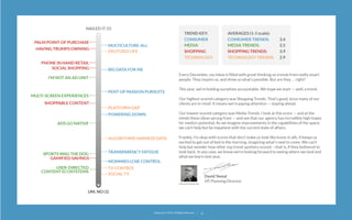 NAILED IT (5)
PALM POINT-OF PURCHASE
HAVING TRUMPS OWNING
PHONE IN HAND RETAIL
SOCIAL SHOPPING

TREND KEY:
CONSUMER
MEDIA
SHOPPING
TECHNOLOGY

MULTICULTURE-ALL  
DIGITIZED LIFE

SHOPPABLE CONTENT

PENT-UP PASSION PURSUITS

PLATFORM GAP
POWERING DOWN

ADS GO NATIVE
ALGORITHMS HARNESS DATA
SPORTS WAG THE DOG
GAMIFIED SAVINGS
USER-DIRECTED
CONTENT ECOSYSTEMS

3.4
2.5
3.9
2.9

BIG DATA FOR ME

I’M NOT AN AD UNIT

MULTI-SCREEN EXPERIENCES

AVERAGES (1-5 scale):
CONSUMER TRENDS:
MEDIA TRENDS:
SHOPPING TRENDS:
TECHNOLOGY TRENDS:

TRANSPARENCY FATIGUE
MOMMIES LOSE CONTROL  

Every December, my inbox is ﬁlled with great thinking on trends from really smart
people. They inspire us, and show us what’s possible. But are they … right?
 
This year, we’re holding ourselves accountable. We hope we start — well, a trend.
 
Our highest-scored category was Shopping Trends. That’s good, since many of our
clients are in retail. It means we’re paying attention — staying ahead.
 
Our lowest-scored category was Media Trends. I look at this score — and at the
minds these ideas sprung from — and see that our agency has incredibly high hopes
for media’s potential. As we imagine improvements in the capabilities of the space,
we can’t help but be impatient with the current state of affairs.
 
Frankly, I’m okay with scores that don’t make us look like know-it-alls. It keeps us
excited to get out of bed in the morning, imagining what’s next to come. We can’t
help but wonder how other top trend-spotters scored —that is, if they bothered to
look back. In any case, we know we’re looking forward to seeing where we land and
what we learn next year.

TV CONTROL
SOCIAL TV

David Yeend
VP, Planning Director

UM, NO (1)

22squared © 2013. All Rights Reserved.

32

 