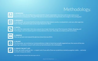 Methodology.
1. INTERVIEW
In December 2012, Brand Planning conducted 20 in-depth stakeholder interviews with bright minds across
departments at 22squared. The goal? Take bets on what would be the big trends and changes in the coming year.
2. RESEARCH
In parallel path, we researched the trends predictions that industry wonks, trendwatchers, and, yes, other agencies
were making, and jotted notes on the major themes for 2013.
3. DISTILL
We culled the stakeholder interview outputs into 4 major thematic areas (The Consumer, Media, Shopping, and
Technology), and articulated speciﬁc trend predictions for each. Naturally, we ended up with 22 of them.
4. OBSERVE
Then we sat back and enjoyed the glorious show that was 2013.
5. REVISIT
This December, we revisited our trend predictions in light of what had actually happened over the course of the year,
layering in secondary research with what we had witnessed in the marketplace.
6. CREATE THE SH*T LIST
At last, we could create our list — a report card, if you will, of how our predictions stacked up against reality .... and what
we think it means for 2014.
Note: unless otherwise indicated, these ideas apply to the U.S.
22squared © 2013. All Rights Reserved.

5

 