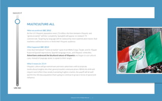 NAILED IT

MULTICULTURE-ALL
What we predicted: DEC 2012
As the U.S. Hispanic population nears 53 million, the lines between Hispanic and
“general market” will blur completely. Spanglish will appear on network TV
commercials. Targeting by language will be replaced by more sophisticated means. And
marketers will be forced to re-think their Hispanic audience.
What happened: DEC 2013
Lines blurred indeed! “General market” spots from Wells Fargo, Target, and Dr. Pepper
featured Spanish expressions, Spanish-language music, and Hispanic celebrities.
Advertisers embraced the bicultural nature of Hispanics and began to use cultural
cues, instead of language alone, to speak to their target.
What it means for 2014:
Hispanic culture will go mainstream and more advertisers will incorporate
multicultural insights into their general market communications. While this shift will
require more effort than simply translating English creative, the payoff will be well
worth it for this key population that’s going to continue to grow in terms of spend and
inﬂuence.

UM, NO

22squared © 2013. All Rights Reserved.

7

 