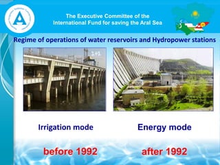 The Executive Committee of the
International Fund for saving the Aral Sea
Regime of operations of water reservoirs and Hydropower stations
before 1992 after 1992
Irrigation mode Energy mode
 