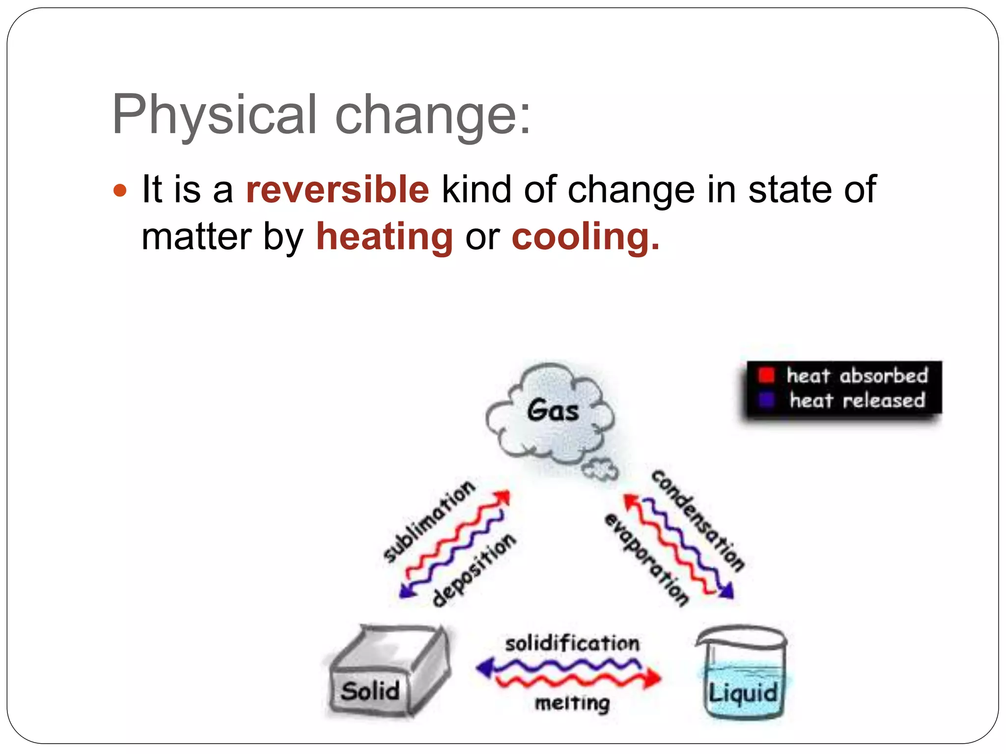 Physical change:
 It is a reversible kind of change in state of
matter by heating or cooling.
 