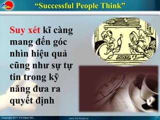 “Successful People Think”


       Suy xét kĩ càng
       mang đến góc
       nhìn hiệu quả
       cũng như sự tự
       tin trong kỹ
       năng đưa ra
       quyết định
Copyright 2011 Tri-Vision SC.,                                14
                                          www.Tri-Vision.vn
 