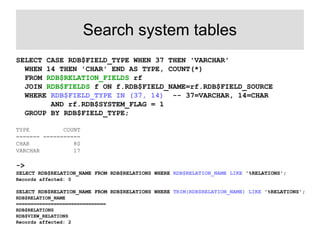 Search system tables 
SELECT CASE RDB$FIELD_TYPE WHEN 37 THEN 'VARCHAR' 
WHEN 14 THEN 'CHAR' END AS TYPE, COUNT(*) 
FROM R...