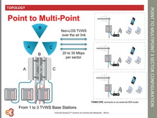 POINTTOMULTIPOINT3SECTORCONFIGURATION
TOPOLOGY
TVWS CPE connects to an external Wifi router
A
B
C
A
B
C
Point to Multi-Point
Non-LOS TVWS
over the air link
20 to 35 Mbps
per sector
From 1 to 3 TVWS Base Stations
Internet Society 2nd Summit on Community Networks - Africa
 