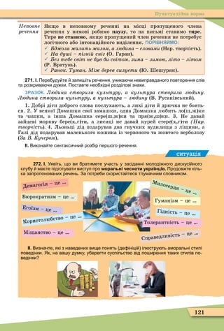 121
Пунктуаційна норма
Íåïîâíå
ðå÷åííÿ
к о в неповному реченні на місці пропу еного члена
речення у вимові робимо аузу, то на письмі ставимо тире.
Тире не стави о, як о пропу ений член речення не потребує
логічного або інтонаційного виділення. ПОРІВНЯЙМО:
 д ола алить алом а людина словами (Нар. творчість).
 На ду і ізні сніг (О. Гаран).
 ез тебе світ не був би світом зима зимою літо літом
(Р. Братунь).
 Ðанок уман Мі дерев силуети ( . ешуряк).
271. І. Пере уду те запи іть ре ення уника и невиправданого повторення слів
та розкрива и ду ки. Поставте нео хідні розділові знаки.
ЗРАЗОК. Людина створила культуру а культура створила людину
Людина створила культуру а культура людину (В. Русанівський)
1. Добрі діти доброго слова послухають, а лихі діти й дрючка не боять-
ся. 2. У всякої Домашки свої замашки, одна Домашка любить ло(ш,ж)ки
та чашки, а інша Домашка сере(ш,ж)ки та пря(ж,ш)ки. 3. Не давай
зайцеві моркву бере(х,г)ти, а лисиці не давай курей стере(х,г)ти Нар
творчість) 4. Льоньці дід подарував два гнучких вудили а з лі ини, а
Галі дід подарував маленького кошика із червоного та жовтого верболозу
(За Кучером).
ІІ. Викона те синтакси ни роз ір пер ого ре ення.
ситуація
272. І. Уявіть що ви ратимете у асть у засіданні молоді ного дискусі ного
клу у ма те підготувати виступ про моральні чесноти українців. Продов те кіль
ка запропонованих ре ень. За потре и скориста теся тлума ним словником.
Гідність – це
Користолюбство – це
Демагогія – це
Бюрократизм – це
Ìилосердя – це
Ìі анство – це
Справедливість – це
Егоїзм – це
Гуманізм – це
Толерантність – це
ІІ. Визна те які з наведених вище понять де ініці іл стру ть аморальні стилі
поведінки. Як на ва у думку у ерегти суспільство від по ирення таких стилів по
ведінки
 
