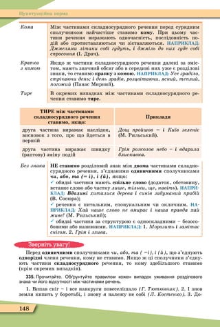 148
Пунктуаційна норма
Êîìà Ìіж частинами складносурядного речення перед сурядним
сполучником найчастіше ставимо ко у. При цьому час-
тини речення виражають одночасність, послідовність по-
дій або протиставляються чи зіставляються. НАПРИКЛАД:
Д мелями літаки собі гудуть і д міль до них гуде собі
ñïðîñîííÿ ( . Драч).
Кра ка
з комою
к о ж частини складносурядного речення далекі за зміс-
том, мають значний обсяг або в середині них уже є розділові
знаки, то ставимо кра ку з ко о . НАПРИКЛАД: Усе зраділо
стрічаючи день і день зрадів розцвітаючи ясни те ли
ого и (Панас Ìирний).
Òèðå В окремих випадках між частинами складносурядного ре-
чення ставимо тире.
Р іж частина и
складносурядного речення
стави о як о
Приклади
друга частина виражає наслідок,
висновок з того, про о йдеться в
першій
До ро ов – і Київ зеленіє
(Ì. Рильський).
друга частина виражає швидку
(раптову) зміну подій
рім розколов небо і âäàðèëà
блискавка
ез знака Н стави о розділовий знак між дво а частинами складно-
сурядного речення, з’єднаними одинични и сполучниками
, а , та ( і), і ( ), як о:
 обидві частини мають с ільне слово (додаток, обставину,
вставне слово або частку ли е, тільки, е, навіть). НАПРИ-
КЛАД: да ні õèòàëèñÿ äåðåâà і синів задумани рибі
(В. Сосюра)
 речення є питальним, спонукальним чи окличним. НА-
ПРИКЛАД: а на е слово не вмирає і на а равда ха
иве (Ì. Рильський)
 обидві частини за структурою є односкладними – безосо-
бовими або називними. НАПРИКЛАД: 1. Морозить і замітає
снігом 2. рім і злива.
Перед одинични и сполучниками ÷è, àáî, та і і , о з’єднують
однорідні члени речення, кому не ставимо. к о ж ці сполучники з’єдну-
ють частини складносурядного речення, то кому здебільшого ставимо
(крім окремих випадків).
335. Про ита те. О рунту те правилом ко ен випадок у ивання розділового
знака и ого відсутності мі астинами ре ень.
1. Випав сніг – і все навкруги повеселішало ютюнник 2. знов
земля кипить у боротьбі, і знову я належу не собі Л Костенко 3. До-
Зверніть увагу!
 