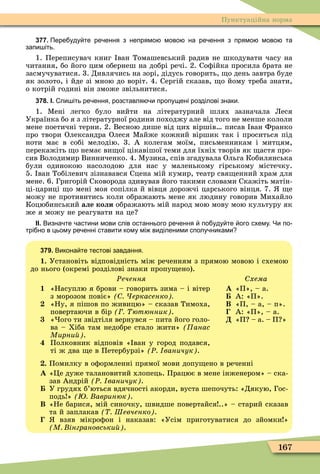 167
Пунктуаційна норма
377. Пере уду те ре ення з непрямо мово на ре ення з прямо мово та
запи іть.
1. Переписувач книг ван Томашевський радив не шкодувати часу на
читання, бо його цим обернеш на добрі речі. 2. Соôійка просила брата не
засмучуватися. 3. Дивлячись на зорі, дідусь говорить, о день завтра буде
як золото, і йде зі мною до воріт. 4. Сергій сказав, о йому треба знати,
о котрій годині він зможе звільнитися.
378. І. пи іть ре ення розставля и пропущені розділові знаки.
1. Ìені легко було вийти на літературний шлях зазначала Леся
Українка бо я з літературної родини походжу але від того не менше кололи
мене поетичні терни. 2. Весною дише від цих віршів писав ван Франко
про твори Олександра Олеся Ìайже кожний віршик так і проситься під
ноти має в собі мелодію. 3. А колегам моїм, письменникам і митцям,
перекажіть о немає ви ої цікавішої теми для їхніх творів як астя про-
сив Володимир Винниченко. 4. Ìузика, спів згадувала Ольга Кобилянська
були одинокою насолодою для нас у маленькому гірському містечку.
5. ван Тобілевич зізнавався Сцена мій кумир, театр свя енний храм для
мене. 6. Григорій Сковорода здивував його такими словами Скажіть матін-
ці-цариці о мені моя сопілка й вівця дорожчі царського вінця 7. е
можу не противитись коли ображають мене як людину говорив Ìихайло
Коцюбинський але коли ображають мій народ мою мову мою культуру як
же я можу не реагувати на це
ІІ. Визна те астини мови слів останнього ре ення по уду те ого схему. Чи по
трі но в цьому ре енні ставити кому мі виділеними сполу никами
379. Викона те тестові завдання.
1. Установіть відповідність між реченням з прямою мовою і схемою
до нього (окремі розділові знаки пропу ено).
Ðечення
1 «Насуплю я брови – говорить зима – і вітер
з морозом повіє» еркасенко
«Ну, я пішов по живицю» – сказав Тимоха,
повертаючи в бір ютюнник .
« ого ти звідтіля вернувся – пита його голо-
ва – Хіба там недобре стало жити» (Ïàíàñ
Мирни .
Полковник відповів « ван у город подався,
ті ж два е в Петербурзі» Ð ваничук .
Ñõåìà
À «П», – а.
А: «П».
Â «П, – а, – п».
А: «П», – а.
Ä «П – а. – П »
. Помилку в оôормленні прямої мови допу ено в реченні
À «Öе дуже талановитий хлопець. Працює в мене інженером» – ска-
зав Андрій Ð ваничук .
У грудях б’ються вдячності акорди, вуста шепочуть: «Дякую, Гос-
подь » авринюк .
Â «Не барися, мій синочку, швидше повертайся ..» – старий сказав
та й заплакав Шевченко .
взяв мікроôон і наказав: «Усім приготуватися до зйомки »
М інграновськи .
 