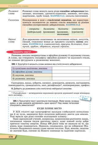 178
Стилістична норма
Ðозмовні
ñëîâà
Розмовні слова можуть мати різне е о і не забарвлення (по-
зитивне, негативне, урочисто-піднесене, знижене, пестливе,
жартівливе, грубе то о). НАПРИКЛАД: íþíèòè (негативне).
иноніми Поширеними в мові є стилістичні синоні и, о характери-
зуються належністю до певних стилів мовлення та різним
емоційно-експресивним забарвленням. НАПРИКЛАД:
говорити балакати базікати глаголити
(нейтральне) (розмовне) (розмовне,
негативне)
(урочисте)
Оцінні
ñëîâà
Для вираження позитивних чи негативних оцінок, почуттів,
емоцій, ставлення мовця до предмета служить о інна лек-
сика. НАПРИКЛАД: славнозвісни красуня делікатес блис
кучи грубіян здоровило міцни горі ок.
Розмовна лексика неприпустима в оôіційно-діловому й науковому стилях.
А слова, о створюють специôіку оôіційно-ділового чи наукового стилю,
не повинні ôігурувати в розмовному мовленні.
388. І. Згрупу те запи іть слова зале но від стилісти ного за арвлення:
1) суспільно-політична лексика
2) оôіційно-ділова лексика
3) наукова лексика
4) розмовна лексика
Сьогодення, наказ, зубрити, косинус, демократія, рюмсати, постановити,
самовідданість, громадськість, азот, ратиôікація , напівпровідник, преôікс.
ІІ. о еріть до розмовних слів стилісти но не тральні синоніми.
* Ðати ікàція – затвердження верховним органом державної влади міжнарод-
ного договору.
389. І. Про ита те текст і розгляньте іл страці . Яким ином на ва у
думку ці два д ерела доповн ть одне одного Над якими питаннями
спонука ть замислитися
КУДИ ПЛИВЕ Ì СТО
У Х Х столітті про катастроôічні наслідки глобального потепління
е й не чули, вважаючи його початком райського життя для землян.
Тоді мріяли про різні способи поліп ення клімату.
Один зарозумілий учений, наприклад, запропонував розтопити льоди,
посипавши чорним пилом арктичну кригу, адже темний колір добре
притягує сонячну енергію. Понад 100 років тому не зважали на те, о
рівень води підви иться. Навпаки, сподівалися, о на узбережжі Пів-
нічного Льодовитого океану стане значно тепліше. Тоді, мовляв, людство
не знатиме біди, сіятиме на Півночі пшеницю та садитиме картоплю.
Світ
Зверніть увагу!
 