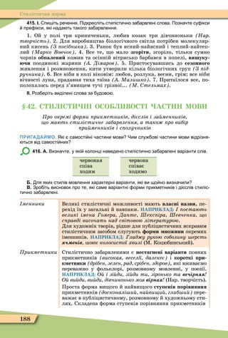188
Стилістична норма
415. І. пи іть ре ення. Підкресліть стилісти но за арвлені слова. Позна те су ікси
пре ікси які нада ть такого за арвлення.
1. Ой у полі три криниченьки, любив козак три дівчиноньки Нар
творчість . 2. Для виробництва біологічного світла потрібен молекуляр-
ний кисень З осібника . 3. Ранок був ясний-найясний і теплий-найтеп-
лий Марко овчок . 4. Все те, о мало згоріти, згоріло, тільки сумно
чорнів об алени комин та осінній вітрисько барбався в попелі, вишуку
чи поодинокі жарини Дімаров . 5. Пристосувавшись до сезонного
живлення і розмноження, кити утворили кілька біологічних груп З ід
ручника . 6. Все ніби в колі віковім: любов, розлука, весни, грім все ніби
вічності луна, прадавня тиха таїна Мали ко . 7. Притаїлося все, по-
полохалось перед з’яви ем тучі грізної... М тельмах .
ІІ. оз еріть виділені слова за удово .
. С С Н ОСО ВОС АС Н МОВ
ро окремі орми рикметників дієслів і за менників
о мають стилістичне забарвлення а тако ро вибір
ри менників і с олучників
ПРИГАДАЙМО. Які самості ні астини мови Чим слу ові астини мови відрізня
ться від самості них
416. А. Визна те у які колонці наведено стилісти но за арвлені варіанти слів.
червоная
співа
ходим
червона
співає
ходимо
Б. ля яких стилів мовлення характерні варіанти які ви що но визна или
В. Зро іть висновок про те які саме варіантні орми прикметників і ді слів стиліс
ти но за арвлені.
менники Великі стилістичні можливості мають власні назви, пе-
рехід їх у загальні й навпаки. НАПРИКЛАД: остають
великі імена омера Данте Шекс іра Шевченка о
с равді височать над світовою літературою.
Для художніх творів, рідше для публіцистичних яскравим
стилістичним засобом слугують ор и ножини окремих
іменників. НАПРИКЛАД: лад у рукою соболину ерсть
енів овк колосистої хвилі (Ì. Коцюбинський).
рикметники Стилістично забарвленими є нестягнені варіанти повних
прикметників високая веселії далекеє і короткі ри
к етники дрібен зелен рад срібен здоров , які вживаємо
переважно у ôольклорі, розмовному мовленні, у поезії.
НАПРИКЛАД: О і зі ди зі ди ти зіронько та ве ірн
О ви ди ви ди дівчинонько моя вірна (Нар. творчість).
Проста ôорма ви ого й найви ого сту енів орівняння
прикметників досконалі и на ви и глиб и пере-
важає в публіцистичному, розмовному й художньому сти-
лях. Складена ôорма ступенів порівняння прикметників
 