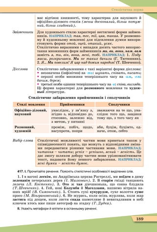 189
Стилістична норма
має відтінок книжності, тому характерна для наукового й
оôіційно-ділового стилів мен досконали біль оту
ни біль глибоки .
За менники Для художнього стилю характерні нестягнені ôорми займен-
ників. НАПРИКЛАД: тая теє тії цяя такая. У розмовно-
му й художньому мовленні для підсилення думки викори-
стовують ôорми ото оце отаки , усяк.
Стилістично виразними є випадки досить частого викорис-
тання множинних ôорм займенників âè âîíè на ва
замість я ти він вона мені тобі. НАПРИКЛАД: 1. Ïîäó-
має розкричався Ìè не таких бачили (Г. Тютюнник).
2. Ìè овелим цар над бо им народом (Т. евченко).
Дієслова Стилістично забарвленими є такі варіантні ôорми дієслова:
 неозначена (інôінітив) на -òü: укать с івать исать
 першої особи множини теперішнього часу на , е :
бачим берем
 третьої особи однини теперішнього часу на -à: с іва вигляда.
Öі ôорми характерні для роз овного мовлення та худож
ньої літератури.
Стилістичне забарвлення ри енників і с олучників
Стилі овлення При енники С олучники
О і і но ділови
наукови
унаслідок, у зв’язку з,
згідно з, відповідно до,
стосовно, залежно від,
з метою, у питанні
зважаючи на те о, уна-
слідок того о, завдяки
тому о, з того часу як
Роз овни
художні
проміж, побіч, одо,
насупроти, попри
аби, буцім, буцімто, од-
наче, отож, себто
ибір слова Стилістичні можливості частин мови криються також у
співвіднесеності понять, о можуть з відповідними зміна-
ми передаватися різними частинами мови. НАПРИКЛАД:
÷èòàííÿ – ÷èòàòè ус іх ус і но, ясни ясність. Öе
дає змогу шляхом добору частин мови урізноманітнювати
текст, надавати йому певного забарвлення. НАПРИКЛАД:
ясні думки ясність думок.
417. І. Про ита те ре ення. Поясніть стилісти ні осо ливості виділених слів.
1. в вагоні легкі , як Андріївська церква Растреллі, ми оїде в диму
зеленаві печерських дерев Малкович . 2. В старі гнізді танцюють
лелеча Л Костенко . 3. Ото ж тая дівчинонька, о сонна блудила
Шевченко . 4. Гей, нові Колу би й Магеллани, напнемо вітрила на-
ших мрій имоненко . 5. Стоять сухі кукурудзи, сухе волоття суше
просо М інграновськи . 6. Не журись, коли осінь журлива, коли жар
застига під до ем, коли листя с ада шамотливе й невигадливим в небі
ключем хтось вже пише автограô на згадку Дудка .
ІІ. Ука іть мета ори епітети в останньому ре енні.
 