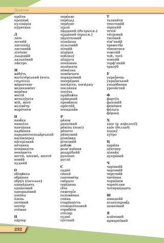 232
Додатки
крîїти
кропивà
кулінàрія
кóрятина
Ë
лàте
легкèй
листопàд
листянèй
літîпис
льодовèй
лялькîвий
лþстро
М
мàбóть
магістåрський (вчен
сту інь)
мàркетинг
медикамåнт
мерåжа
местè
металóргія
мій, могî
мілімåтр
морîчити
Í
навѕки
навкîло
навчàння
надбàння
народногосподàрський
насàмперед
нàскрізний
нàчинка
ненàвидіти
ненàвисть
нестè, несемî, несетå
новèй
нуднèй
Î
обіцÿнка
обрàння
обрóч (іменник)
одинàдцять
однàковий
одноразîвий
ознàка
îлень
оптîвий
осетåр
îòàман
П
пàртер
перåкис
перåпад
перåпис
піалà
пѕдданий (діє рикм.)
піддàний ( рикм.)
пѕдлітковий
пізнàння
пільговèй
пітнèй
піцåрія
поблизó
пîдруга
покàзник
полåжати
пîмèлка
помîвчати
порядкîвий
посерåдині
посèдіти, посèджу
послàння
посóха
прийнÿòè
прèязний
промѕжок
прîстèй
псевдонѕм
Р
рàзом
ранкîвий
рåмінь (ïîÿñ)
рåшето
рèнковий
різнîвид
річковèй
роблþ
розв’язàння
роздрібнèй
рукîпис
руслî
Ñ
саднî
сàнкè
сантимåтр
свåрдло
серåдина
сѕча
симетрѕя
соломèнка
спèна
старàнність
стовідсîтковий
стрибàòè
стîляр
суднî
сóєтний
Ò
таланèòè
текстовèй
терпкèй
течіÿ
òèгровий
тисîвий
тім’янèй
травестѕя
òîвпитися
товстèй
той, тогî
тонкèй
торô’янèй
тризóб
У
українець
український
уподîбання
урочèстий
ôартóх
ôаховèй
ôенîмен
ôîльга
ôîрзац
хàос (у мі ології)
хаîс (безлад)
ходжó
хóтро
Ö
царèна
цåнтнер
ціннèк
цукрîвий
чарівнèй
черговèй
черствèй
читàння
чорнîзем
чорнîслив
чотирнàдцять
Ø
швидкèй
шляхопровѕд
шовкîвий
ß
ялèновий
ярмаркîвий
 