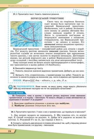 24
Ìорôологічна норма
31. І. Про ита те текст. Ука іть темати ні ре ення.
БЕРÌУДС КИЙ ТРИКУТНИК
Свого часу на сторінках багатьох
газет можна було прочитати про та-
ємничий Бермудський трикутник.
Незбагненно, але в районі Атлантич-
ного океану за дивних обставин без-
слідно зникали кораблі й літаки.
Дехто із сучасників пов’язував ці
незрозумілі зникнення з космосом,
стверджуючи, о Бермудський три-
кутник – це «вікно» в космос. Усі
ано альні яви а неодмінно припису-
вали інопланетянам.
Бермудський трикутник – специôічний район для літаків і кораб-
лів. Тут можуть раптово виникати локальні урагани. нколи метео-
рологічні служби не встигають вчасно попередити про зародження
такого урагану, і він застає пілотів та моряків зненацька. Достовірно
відомо, о рельєô морського дна в районі Бермудського трикутника
дуже складний і постійно змінюється під дією вихороподібної течії.
Тому сьогодні вчені не бачать нічого протиприродного в катастроôах,
які трапляються в цьому районі З довідника .
ІІ. Викона те завдання до тексту.
. Поясніть лекси не зна ення виділених прикметників. о еріть до них сино
німи.
. Випи іть п ять словосполу ень з прикметниками на ви ір . Позна те за
кін ення та зазна те розряд за зна енням рід исло відмінок цих прикметників.
ЗРАЗОК. Морськ ого дна відносн с р одн Ð в .
Довкілля
32. ПОСПІЛКУЙТЕСЯ. Яким ином на ва у думку л ди мо уть у езпе ити
се е від негативних наслідків тих и тих природних катаклізмів
33. Помірку те ому в одному з поданих ре ень виділене слово вва а мо
прикметником а в ін ому іменником. Чи мо уть о идва ці слова змін ватися за
відмінками ислами А за родами
1. Важливо приймати рішення з думкою про а бутн .
2. Ма бутн рішення стосується всіх нас.
коло думок
34. І. Про ита те прислів я. У яких з них прикметники що пере ли в іменники
1. Два хитрих мудрого не переважать. 2. о темніша ніч, то ясніші
зорі. 3. Ситий голодного не розуміє. 4. Добре ім’я дорожче за великі ба-
гатства. 5. Розумний б’є на те, о справді в його є.
ІІ. кладіть і запи іть два ре ення зі словом військовий так що у пер ому ре енні
воно уло прикметником а в другому іменником.
 