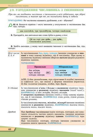 40
Ìорôологічна норма
. У О НН С ВН КА М НН КОМ
ро те як оєднати числівник з іменником у всіх відмінках ро збірні
числівники а тако ро те як означити дату години
ПРИГАДАЙМО. Які ислівники назива ть дро овими а які з ірними
82. А. Визна те відмінок і исло іменників у сполу еннях із ислівниками два,
три, чотири.
два коктейлі, три тролейбуси, чотири смайлики
Б. Пригада те яке закін ення ма слово дубок в уривку з пісні:
Ой на горі два дубк.., два дубк..
Схилилися докупки.
В. Зро іть висновок у якому ислі в ива мо іменники із ислівниками два, три,
чотири.
Цілі числа з числівниками äâà, òðè, т р іменник уживаємо в но
жині в тому самому відмінку, о й числівник. При цьому в
називному відмінку іменник зберігає наголос ôорми родового
відмінка однини.
ПОРІВНЯЙМО:
Правильно Н равильно
äâà ìåòðè
òðè ìіñÿöі
÷îòèðè íîìåðè
äâà ìåòðà
òðè місяц
÷îòèðè íîìåðà
АЛЕ: 1) два громадянèíà три вірменèíà й подібні іменники
із суôіксоì -èí-, о знакає у ôормах множини (вірмени)
2) два чоловікà (людина, особа), три другà.
і біль е з числівниками ть і і ь е â називно у відмінку імен-
ник уживаємо в родово у відмінку ножини кого чого .
НАПРИКЛАД: ять метрів, десять місяців.
У не ря их від інках іменник стоїть у тому самому відмін-
ку, о й числівник. НАПРИКЛАД: семи учнів сімом учням
сімома учнями.
з числівниками т с а, і ь н, і ь рд іменник незмінно
вживаємо в родово у відмінку. НАПРИКЛАД: тисяча тонн
тисячею тонн тисячі тонн.
Дробові При др в с івн а (крім івтора івтори), які озна-
чають кількість частин одного предмета, іменник незмінно
вживаємо в родово у відмінку однини. НАПРИКЛАД: òðè
чверті лимона.
При числівнику івтора івтори іменник уживаємо за
поданим нижче зразком. НАПРИКЛАД:
 