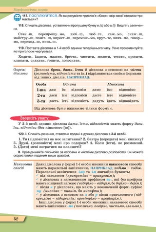 52
Ìорôологічна норма
117. ПОСПІЛКУЙТЕСЯ. Як ви розумі те прислів я о ен звір сво ї сте ини три
ма ться
118. пи іть ді слова уставля и пропущену укву е (є) а о и (ї). Виділіть закін ен
ня.
Стан..ш, перепрошу..мо, люб..ш, люб..те, каж..мо, скаж..ш,
майстру..ш, поміт..ш, вирост..ш, перемож..мо, крут..те, вивч..мо, говор..-
мо, переход..ш, пиш..ш.
119. Поставте ді слова в осо і однини тепері нього асу. Усно прокоменту те
які приголосні ергу ться.
Ходити, їздити, мазати, брести, чистити, молоти, тесати, просити,
кликати, скакати, топити, полоскати.
Окремі
дієслова
Дієслова ут äàòè ст й дієслова з основою на віст
(роз овісти від овісти та ін.) відрізняються своїми ôормами
від інших дієслів. НАПРИКЛАД:
Особа Îäíèíà Ìíîæèíà
1 ша дам їм відповім дамо їмо відповімо
га даси їси відповіси дасте їсте відповісте
тя дасть їсть відповість дадуть їдять відповідять
Від дієслова áóòè вживаємо тільки ôорму є.
У 2-й особі однини дієслова дати їсти від овісти мають ôорму даси
їси від овіси (без кінцевого ).
120. І. пи іть ре ення ставля и подані в ду ках ді слова в 2-й особі.
1. Ти (відповісти) на моє запитання 2. Завтра (передати) мені книжку
3. Друзі, (розповісти) мені про подорож 4. Коли (їсти), не розмовляй.
5. (Дати) мені погратися на планшеті
ІІ. Провідміня те письмово за осо ами ислами ді слово розповісти. Ви мо ете
скористатися поданим вище зразком.
Наказови
с осіб
Деякі дієслова у ôормі 1-ї особи множини наказового способу
мають паралельні закінчення. НАПРИКЛАД: õîäі – õîäі
Паралельні закінчення і та і звичайно бувають:
 під наголосом (ïðèïóñò¾ìî – ïðèïóñò¾м
 у дієсловах з наголошеним преôіксом âè-, які без преôікса
мають кінцевий наголос (âèберімо вèберім бо áåð¾ìî – áåð¾м
 після í у дієсловах, о мають у неозначеній ôормі суôікс
-ну- кивнімо кивнім бо кивíóти
 у дієсловах з основою на ë або ð після приголосного ід
креслімо ідкреслім ровітрімо ровітрім .
нші дієслова у ôормі 1-ї особи множини наказового способу
мають закінчення окличмо овірмо чистьмо злазьмо .
Зверніть увагу!
 