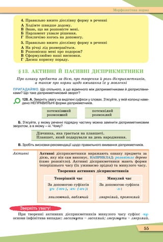 55
Ìорôологічна норма
. Правильно вжито дієслівну ôорму в реченні
À Ходімте швидше додому.
Â Знаю, о ви розповісте мені.
Парламент ухвале рішення.
Покличімо когось на допомогу.
. Правильно вжито дієслівну ôорму в реченні
À На річці лід розмерзаїться.
Розповісиш мені про подорож
Â Сôормулюймо наші висновки.
Дасиш корисну пораду.
1 . АК ВН ПАС ВН ПР КМ Н К
ро ознаку редмета за дією ро творення роль діє рикметників
а тако ро норми одо в ивання їх у мовленні
ПРИГАДАЙМО. о спільного а що відмінного мі ді прикметниками ді прислівни
ками о таке ді прикметникови зворот
128. А. Зверніть увагу на виділені су ікси у словах. З ясу те у які колонці наве
дено НЕП АВ НІ орми ді прикметників.
потемнівший
розмокший
потемніëий
розмокëий
Б. З ясу те у якому ре енні підрядну астину мо на замінити ді прикметниковим
зворотом а в якому ні. Чому
Дівчинка, яка грається на планшеті.
Планшет, який подарували на день народження.
В. Зро іть висновки рекомендації щодо правильного в ивання ді прикметників.
ктивні Активні дієприкметники виражають ознаку предмета за
дією, яку він сам виконує. НАПРИКЛАД: р віт е äåðåâî
(само розквітло) Активні дієприкметники мають ôорми
теперішнього часу (їх уживаємо зрідка) та минулого часу.
ворення активних ді рик етників
е ерішні час Минули час
За допомогою суôіксів
-у ( ), а ( ):
õâèëþ и âàáë èé
За допомогою суôікса
-ë-:
змарніëи ромокëèé
При творенні активних дієприкметників минулого часу суôікс ну
основи інôінітива випадає: засохнути засохëи змерзнути змерзëи
Зверніть увагу!
 