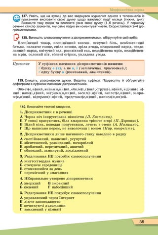 59
Ìорôологічна норма
137. Уявіть що на вулиці до вас звернувся урналіст одного з телеканалів із
проханням висловити сво думку щодо ва ливої події місяця ти ня дня .
Визна те таку поді та висловте усно сво думку ре ень . У пер ому
ре енні стисло зазна те яку саме поді ви коментуватимете. користа теся ді
прикметниками.
138. Випи іть словосполу ення з ді прикметниками о рунту те сві ви ір.
Неоцѕнений товар, неоцінåнний внесок, пекучий біль, невблаганний
батько, палаюче сонце, спіла вишня, зріла ягода, нездоланий народ, нездо-
ланний народ, квітучий сад, розквітлий сад, нездійснена мрія, нездійснен-
на мрія, солоний піт, сîлені огірки, укладена угода.
Ïðàâîïèñ У суôіксах пасивних дієприкметників ише о:
букву å ( ) а не è за лачени рисво ни
одну букву í (розказаíè закінчеíèé).
139. пи іть розкрива и ду ки. Виділіть су ікси. Підкресліть о рунту те
ор ограми в су іксах пасивних ді прикметників.
Обмет(е,и)ний, визна(н,нн)ий, обкле(ї,є)ний, струш(е,и)ний, відчин(е,и)-
ний, напо(ї,є)ний, затрима(н,нн)ий, заскл(е,и)ний, заплет(е,и)ний, запря-
ж(е,и)ний, відпрош(е,и)ний, представл(е,и)ний, написа(н,нн)ий.
140. Викона те тестові завдання.
1. Дієприкметник є в реченні
À орна ніч інкрустована ніжністю Л Костенко
У сонці красуючись, біла хмаринка тріпоче вгорі Доро ко
Â Білий кінь, поводдя попустивши, летить в степи Мали ко
о написано пером, не виволочиш і волом Нар творчість
. Дієприкметники лише пасивного стану наведено в рядку
À скопійований, навислий, усунутий
збентежений, розкиданий, почорнілий
Â зроблений, перечитаний, зшитий
обмоклий, замкнутий, досліджений
. Редагування НЕ потребує словосполучення
À життєствердна музика
оточуюче середови е
Â стомившийся за день
перемігший у змаганнях
. НЕправильно утворено дієприкметник
À змерзлий В зжовклий
колений наболівший
. Редагування НЕ потребує словосполучення
À управляємий через нтернет
діюче законодавство
Â початкуючі художники
замкнений у кімнаті
 