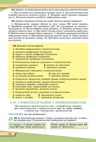 72
Синтаксична норма
163. оведіть що серед поданих ре ень ли е у двох пору ено грамати ни зв язок.
1. Нам залишається сподіватися кра их часів. 2. Для досягнення мети
потрібно докласти великих зусиль. 3. Потрібно вміти про ати кривдни-
ків. 4. Екологам вдалося запобігти забрудненню води.
164. Зна діть пору ення синтакси ної норми. Запи іть ре ення правильно.
1. Підприємству завдано збитки на суму понад 100 тисяч гривень.
2. Прийнято рішення про підтримку осіб, які доглядають за людьми з
інвалідністю. 3. Ìісто потребує нашу допомогу. 4. Біблійна заповідь учить
про ати ворогів своїх. 5. Про вжиті заходи прошу повідомити директору.
6. Вибачте мене за непристойну поведінку. 7. Завдяки науковцям запобігли
забруднення води. 8. Прокинувся близько десяти годин. 9. Своєю поведін-
кою політик не викликає довіру. 10. Öей ôакт заслуговує особливої уваги
дослідників.
165. Викона те тестові завдання.
1. Потрібно відредагувати словосполучення
À дякувати проôесорові Степаненку
радіти з успіхів проôесора Степаненка
Â вибачати проôесора Степаненка
повідомляти проôесора Степаненка
. Синтаксичну помилку допу ено в словосполученні
À сподіватися кра ого Â знатися на мистецтві
зазнавати поразки навчатися музики
. НЕправильно побудовано словосполучення
À відгук про роботу Â ліки для хвороби
за нашими розрахунками набувати досвіду
. Граматично правильно утворено обидва словосполучення в рядку
À запобігати руйнуванню, зрадити батьків ині
завідувач каôедри, командувач армією
Â властивий мові, характерний для молоді
про ати кривдників, докласти зусиль
. Граматичний зв’язок порушено в словосполученні
À пробачте мене Â милуватися полем
зошит з алгебри враження від ôільму
1 . С ОВОСПО У НН ПР М НН КАМ
ро в ивання ри менників â і íà з геогра ічними назвами
ро словос олучення з ри менниками ïðè çà ере авд
а тако ро ідсту ни ри менник ïî
ПРИГАДАЙМО. о таке при менники
166. А. Про ита те два ре ення. У якому з них ідеться про мету дії а в якому
про напрямок руху За допомого яких при менників це передано
в погоду, і в негоду ходила дів-
чина ПО воду Нар творчість .
Пливе човен по Дунаю один А
водою Шевченко .
 