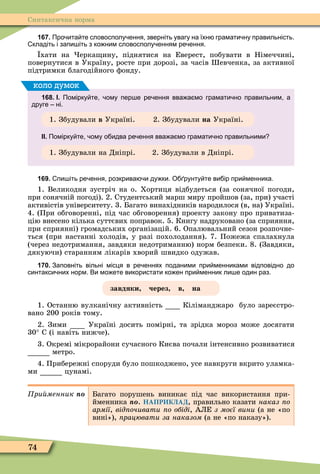 74
Синтаксична норма
167. Про ита те словосполу ення зверніть увагу на їхн грамати ну правильність.
кладіть і запи іть з ко ним словосполу енням ре ення.
хати на ерка ину, піднятися на Еверест, побувати в Німеччині,
повернутися в Україну, росте при дорозі, за часів евченка, за активної
підтримки благодійного ôонду.
168. І. Помірку те ому пер е ре ення вва а мо грамати но правильним а
друге ні.
1. Збудували в Україні. 2. Збудували на Україні.
ІІ. Помірку те ому о идва ре ення вва а мо грамати но правильними
1. Збудували на Дніпрі. 2. Збудували в Дніпрі.
коло думок
169. пи іть ре ення розкрива и ду ки. О рунту те ви ір при менника.
1. Великодня зустріч на о. Хортиця відбудеться (за сонячної погоди,
при сонячній погоді). 2. Студентський марш миру пройшов (за, при) участі
активістів університету. 3. Багато винахідників народилося (в, на) Україні.
4. (При обговоренні, під час обговорення) проекту закону про приватиза-
цію внесено кілька суттєвих поправок. 5. Книгу надруковано (за сприяння,
при сприянні) громадських організацій. 6. Опалювальний сезон розпочне-
ться (при настанні холодів, у разі похолодання). 7. Пожежа спалахнула
(через недотримання, завдяки недотриманню) норм безпеки. 8. (Завдяки,
дякуючи) старанням лікарів хворий швидко одужав.
170. Заповніть вільні місця в ре еннях поданими при менниками відповідно до
синтакси них норм. Ви мо ете використати ко ен при менник ли е один раз.
завдяки через в на
1. Останню вулканічну активність Кіліманджаро було зареєстро-
вано 200 років тому.
2. Зими Україні досить помірні, та зрідка мороз може досягати
30 С (і навіть нижче).
3. Окремі мікрорайони сучасного Києва почали інтенсивно розвиватися
метро.
4. Прибережні споруди було пошкоджено, усе навкруги вкрито уламка-
ми цунамі.
ри менник ïî Багато порушень виникає під час використання при-
йменника ïî. НАПРИКЛАД, правильно казати наказ о
армії, від очивати о обіді, АЛЕ з моєї вини (а не «по
вині»), рацювати за наказом (а не «по наказу»).
 