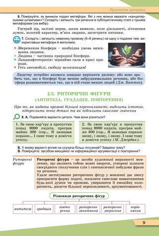 9
Практична риторика
6. Помірку те як виникли подані мета ори. Які з них мо на вва ати канцеляр
ськими тампами кладіть і запи іть три ре ення в пу ліцисти ному стилі з трьома
мета орами на ви ір .
Гострий зір, залізні нерви, закон вимагає, поле діяльності, зіткнення
думок, золотий характер, м’яка людина, загострити питання.
7. кладіть і запи іть невелику промову ре ень на одну з поданих тем ви
користав и мета ори метонімі .
 Збереження біосôери – необхідна умова вижи-
вання людини.
 Людина – частинка природної біосôери.
 Ландшаôтотерапія: черпаймо сили в красі при-
роди.
 Геть автомобілі, свободу велосипедам
Людству потрібно якомога швидше вирішити дилему: або воно зро-
бить так, о в біосôері буде менше забруднювальних речовин, або біо-
сôера розвиватиметься так, о в ній стане менше людей Д аттон)
. Р ОР Н УР
АН А РА А ПОВ ОР НН
ро те як надати ромові біль ої ереконливості виділити істотне
ідкреслити евні деталі та як ідсилити смислове значення
8. А. Порівня те варіанти цитати. Чим вони різняться
1. За свою кар’єру я пропустив
понад 9000 кидків, програв
майже 300 ігор зазнавав
поразок саме тому я домігся
успіху.
2. За свою кар’єру я пропустив
понад 9000 кидків, програв май-
же 300 ігор зазнавав поразок
знову, і знову, і знову. саме тому
я домігся успіху М Д ордан .
Б. У якому варіанті вплив на слуха а іль поту ни Завдяки ому
В. Помірку те: засо ом емоці ної и ін ормаці ної аргументації повторення
Ðиторичні
ігури
Риторичні ігури – це засоби художньої виразності мов-
лення, о являють собою мовні звороти, утворені шляхом
своєрідного сполучення слів і синтаксичної побудови ôрази
чи речення.
Удале застосування риторичних ôігур у мовленні дає змогу
прикрасити ôорму подачі, посилити смислове навантаження
будь-якої думки чи промови, увиразнити її емоційну коло-
ритність, досягти більшої переконливості, аргументованості.
Різновиди риторичних ігур
антитеза градація
ïîâòî-
ðåííÿ
ðèòîðè÷íå
за итання
ðèòîðè÷íå
звернення
орів
íÿííÿ
 