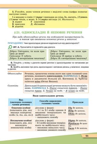 91
Синтаксична норма
. З’ясуйте, яким членом речення є виділені слова (циôра позначає
наступне слово).
я виходжу в гомін òðàâ і припадаю до сліда, бо, значить, т сь
ене чекав, а може, й çàðàç вигляда Мали ко
À підмет означення
присудок Ä обставина
Â додаток
1. О НОСК А Н Н ПОВН Р НН
ро види односкладних речень та особливості використання їх
а тако ро в ивання не овних речень у мовленні
ПРИГАДАЙМО. Чим односкладне ре ення відрізня ться від двоскладного
207. А. Про ита те порівня те два діалоги.
Дідусь Світланко, ти коли при-
їдеш до мене
вітлана У суботу.
Дідусь З нетерпінням чекатиму
Дідусь Світланко, ти коли при-
їдеш до мене
вітлана приїду в суботу.
Дідусь з нетерпінням чекатиму
Б. З ясу те у якому з діалогів окремі репліки односкладними и неповними ре
еннями.
В. Зро іть висновок про роль односкладних і неповних ре ень у мовленні зокрема
в діалозі.
Односкладне Речення, граматична основа якого має один головний член
речення, називають односкладни . НАПРИКЛАД: 1. е а
краси в завзятості безсилі (Л. Костенко). 2. удесна
київська сінь (Остап Вишня).
иноніми Двоскладні й односкладні речення можуть бути синоніміч-
ними. НАПРИКЛАД: 1. Ïàõíå ско еною òðàâîþ Ïàõíå
ско ена òðàâà. 2. екаю íà тебе чекаю íà òåáå.
Види односкладних речень
Вид
значення головних
членів речення
С особи вираження
головних членів
Приклади
Означено особові
(означають дію, яку
виконує конкретна
особа я ти ми ви )
дієслово у ôормі:
– 1-ї та 2-ї особи однини й
множини теперішнього чи
майбутнього часу
– наказового способу
ду до коли
іду до коли
діть до коли
Неозначено особові
(означають дію, яку
виконують
невизначені особи)
дієслово у ôормі:
– 3-ї особи множини теперіш-
нього чи майбутнього часу
– множини минулого часу
– множини умовного способу
дуть до коли
р до ко
ли
б до коли
 