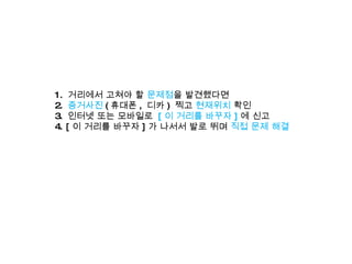 1.  거리에서 고쳐야 할  문제점 을 발견했다면 2.  증거사진 ( 휴대폰 ,  디카 )  찍고  현재위치  확인 3.  인터넷 또는 모바일로  [ 이 거리를 바꾸자 ] 에 신고 4. [ 이 거리를 바꾸자 ] 가 나서서 발로 뛰며  직접 문제 해결 