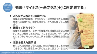 Copyright 2014-2015 KOSUGI no UNIVERSITY
KOSUGI
no
UNIV.	
発表  「マイナス(ー)をプラス(＋)に再定義する」
l  みんながふれあう。武蔵小杉。
多摩川や等々力緑地、グランツリーなど交流できる環境に
恵まれた武蔵小杉。散歩しながら、みんなの優しさに触れ
合う。
l  困難って何だろう？
多様性を認め合う。モザイク模様の多様な方々が交じり合
い、美しい絵ができあがる。「こすぎの大学」や「+Careプ
ロジェクト」などのコミュニティを通じて多様性を認め合
う。
l  世代を超えた掲示板
色々な人たちが話し合える場。新旧が融合することで何が
できるか。その過程含めて子どもたちに伝えていきたい。
 