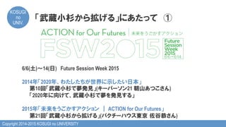 Copyright 2014-2015 KOSUGI no UNIVERSITY
KOSUGI
no
UNIV.	
「武蔵小杉から拡げる」にあたって　①
6/6(土)～14(日)　Future Session Week 2015
2014年「2020年、わたしたちが世界に示したい日本」
　　第10回「武蔵小杉で夢発見」(キーパーソン21 朝山あつこさん)
　　「2020年に向けて、武蔵小杉で夢を発見する」
2015年「未来をうごかすアクション  ┃ ACTION for Our Futures」
　　第21回「武蔵小杉から拡げる」(パクチーハウス東京  佐谷恭さん)
 