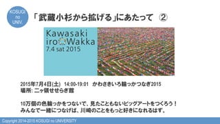 Copyright 2014-2015 KOSUGI no UNIVERSITY
KOSUGI
no
UNIV.	
「武蔵小杉から拡げる」にあたって　②
2015年7月4日(土)　14:00-19:01　かわさきいろ輪っかつなぎ2015
場所: 二ヶ領せせらぎ館
10万個の色輪っかをつないで、見たこともないビッグアートをつくろう！
みんなで一緒につなげば、川崎のことをもっと好きになれるはず。
 
