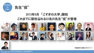 Copyright 2014-2015 KOSUGI no UNIVERSITY
KOSUGI
no
UNIV.	
先生“役”
2013年9月　「こすぎの大学」開校
これまでに個性溢れる22名の先生“役”が登壇
写真提供:武蔵小杉ライフ
 