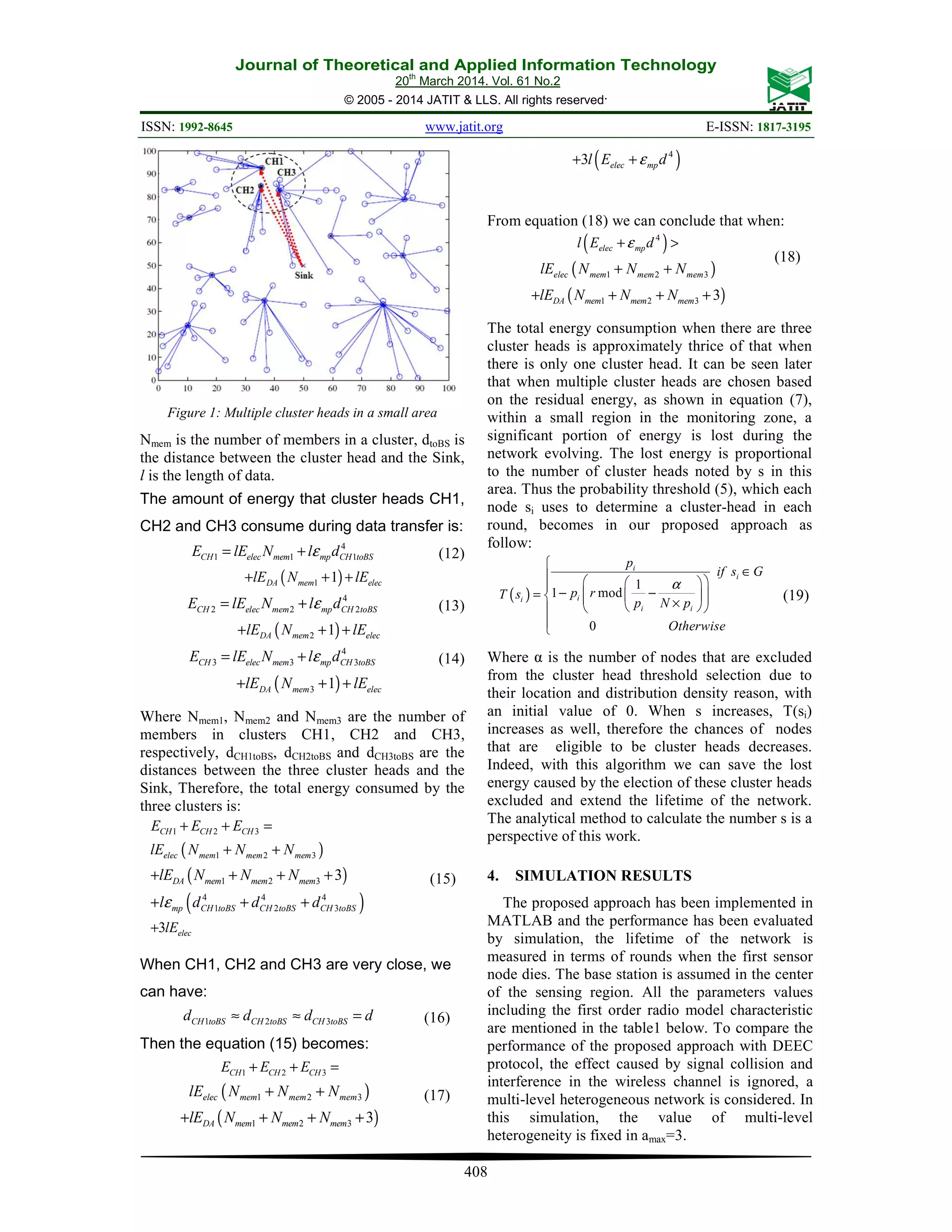 Journal of Theoretical and Applied Information Technology 20th March 2014. Vol. 61 No.2 © 2005 - 2014 JATIT & LLS. All rights reserved. ISSN: 1992-8645 www.jatit.org E-ISSN: 1817-3195 408 Figure 1: Multiple cluster heads in a small area Nmem is the number of members in a cluster, dtoBS is the distance between the cluster head and the Sink, l is the length of data. The amount of energy that cluster heads CH1, CH2 and CH3 consume during data transfer is: 4 1 1 1CH elec mem mp CH toBSE lE N l dε= + (12) ( )1 1DA mem eleclE N lE+ + + 4 2 2 2CH elec mem mp CH toBSE lE N l dε= + (13) ( )2 1DA mem eleclE N lE+ + + 4 3 3 3CH elec mem mp CH toBSE lE N l dε= + (14) ( )3 1DA mem eleclE N lE+ + + Where Nmem1, Nmem2 and Nmem3 are the number of members in clusters CH1, CH2 and CH3, respectively, dCH1toBS, dCH2toBS and dCH3toBS are the distances between the three cluster heads and the Sink, Therefore, the total energy consumed by the three clusters is: 1 2 3CH CH CHE E E+ + = ( )1 2 3elec mem mem memlE N N N+ + ( )1 2 3 3DA mem mem memlE N N N+ + + + ( )4 4 4 1 2 3mp CH toBS CH toBS CH toBSl d d dε+ + + 3 eleclE+ (15) When CH1, CH2 and CH3 are very close, we can have: 1 2 3CH toBS CH toBS CH toBSd d d d≈ ≈ = (16) Then the equation (15) becomes: 1 2 3CH CH CHE E E+ + = ( )1 2 3elec mem mem memlE N N N+ + ( )1 2 3 3DA mem mem memlE N N N+ + + + (17) ( )4 3 elec mpl E dε+ + From equation (18) we can conclude that when: ( )4 elec mpl E dε+ > ( )1 2 3elec mem mem memlE N N N+ + (18) ( )1 2 3 3DA mem mem memlE N N N+ + + + The total energy consumption when there are three cluster heads is approximately thrice of that when there is only one cluster head. It can be seen later that when multiple cluster heads are chosen based on the residual energy, as shown in equation (7), within a small region in the monitoring zone, a significant portion of energy is lost during the network evolving. The lost energy is proportional to the number of cluster heads noted by s in this area. Thus the probability threshold (5), which each node si uses to determine a cluster-head in each round, becomes in our proposed approach as follow: ( ) 1 1 mod 0 i i ii i i p if s G p rT s p N p Otherwise α  ∈    − −=     ×     (19) Where α is the number of nodes that are excluded from the cluster head threshold selection due to their location and distribution density reason, with an initial value of 0. When s increases, T(si) increases as well, therefore the chances of nodes that are eligible to be cluster heads decreases. Indeed, with this algorithm we can save the lost energy caused by the election of these cluster heads excluded and extend the lifetime of the network. The analytical method to calculate the number s is a perspective of this work. 4. SIMULATION RESULTS The proposed approach has been implemented in MATLAB and the performance has been evaluated by simulation, the lifetime of the network is measured in terms of rounds when the first sensor node dies. The base station is assumed in the center of the sensing region. All the parameters values including the first order radio model characteristic are mentioned in the table1 below. To compare the performance of the proposed approach with DEEC protocol, the effect caused by signal collision and interference in the wireless channel is ignored, a multi-level heterogeneous network is considered. In this simulation, the value of multi-level heterogeneity is fixed in amax=3. 