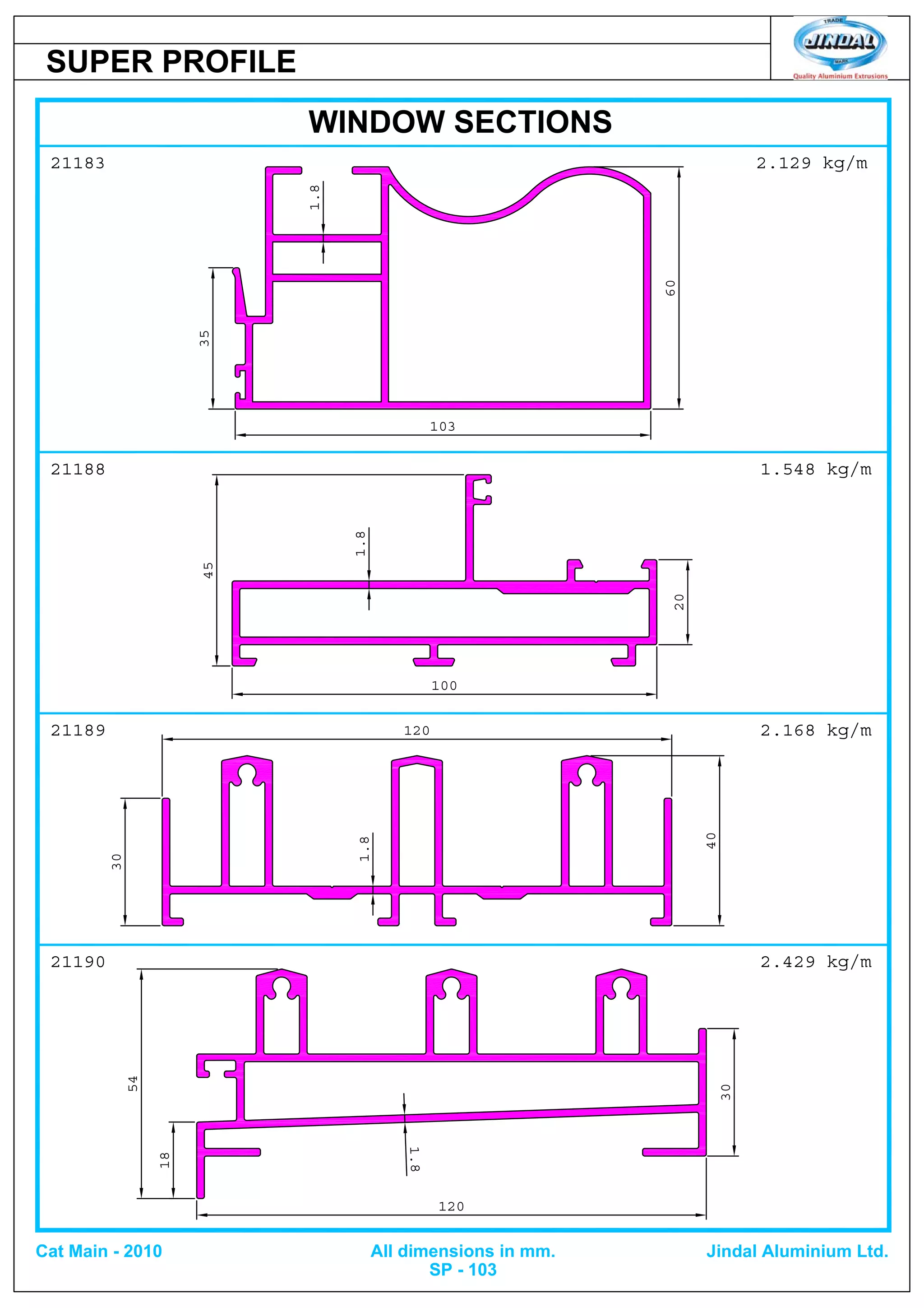 WINDOW SECTIONS
21183 2.129 kg/m
35
103
60
1.8
1.548 kg/m
21189 2.168 kg/m
21190
21188
2.429 kg/m
120
30
18
30
120
1.8
1.8
100 20
45
Cat Main - 2010 All dimensions in mm.
SP - 103
Jindal Aluminium Ltd.
SUPER PROFILE
40
54
1.8
 