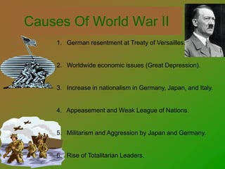 Causes Of World War II
1. German resentment at Treaty of Versailles.
2. Worldwide economic issues (Great Depression).
3. Increase in nationalism in Germany, Japan, and Italy.
4. Appeasement and Weak League of Nations.
5. Militarism and Aggression by Japan and Germany.
6. Rise of Totalitarian Leaders.
 