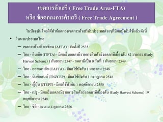 เขตการค้าเสรี ( Free Trade Area-FTA) 
หรือ ข้อตกลงการค้าเสรี ( Free Trade Agreement ) 
ในปัจจุบันไทยได้ทา ข้อตกลงเขตการค้าเสรีกับประเทศต่างๆที่มีผลบังคับใช้แล้ว ดังนี้ 
• ในนามประเทศไทย 
– เขตการค้าเสรีอาเซียน (AFTA) - จัดตั้งปี 2535 
– ไทย - อินเดีย (ITFTA) - มีผลเริ่มลดภาษีรายการสินค้าเร่งลดภาษีเบื้องต้น 82 รายการ (Early 
Harvest Scheme) 1 กันยายน 2547 - ลดภาษีเป็น 0 วันที่ 1 กันยายน 2549 
– ไทย - ออสเตรเลีย (TAFTA) - มีผลใช้บังคับ 1 มกราคม 2548 
– ไทย - นิวซีแลนด์ (TNZCEP) - มีผลใช้บังคับ 1 กรกฎาคม 2548 
– ไทย - ญี่ปุ่น (JTEPT) - มีผลใช้บังคับ 1 พฤศจิกายน 2550 
– ไทย - เปรู - มีผลเริ่มลดภาษีรายการสินค้าเร่งลดภาษีเบื้องต้น (Early Harvest Scheme) 19 
พฤศจิกายน 2548 
– ไทย - ชิลี - ลงนาม 4 ตุลาคม 2556 
 