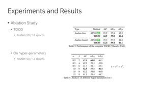 Experiments and Results
▪ Ablation Study
• TOOD
• ResNet-50 / 12 epochs
• On hyper-parameters
• ResNet-50 / 12 epochs
 