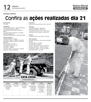 12                  sábado
                    23 de fevereiro de 2013
                                                                                                                Diário Oficial
                                                                                                                 GUARUJÁ

serviços urbanos


    Confira as ações realizadas dia 21
Mecanizada                                               Alvenaria




                                                                                                                             Fotos PMG
Vila Ligia                                                Reforma de caixa na Rua São João – Pae Cará

Capinação                                                Varrição
 Avenida Marjory Prado – Jardim Pernambuco                Rua Antônio Baraçal – Morrinhos I
 Rua Antônio Marques – Guaiúba
                                                          Avenida Eva Pereira – Morrinhos III
 Rua José Avelino de Oliveira – Jardim Las
                                                          Conjunto habitacional CDHU – Morrinhos III
Palmas
 Rua João Anselmo da Rocha [1º de Maio] –                 Rua Dionísio Jose Lourenço – Morrinhos II
Jardim Boa Esperança
 Avenida Presidente Vargas – Vicente de Carvalho         Roçada
                                                          Escadaria do Morro Santa Luzia – Vila Edna
Desentupimento
 Avenida Atlântica – Enseada                             Tapa Buracos
 Rua Nova – Prainha – Vicente de Carvalho                 Avenida Dom Pedro I e Rua Francisco Rebollo –
 Rua Manoel Hipólito do Rêgo – Jardim Boa                Enseada
Esperança                                                 Rua Maria Marta – Enseada
 Rua São João – Pae Cará
                                                          Rua Ciro Alves – Enseada
 Rua Espírito Santo – Pae Cará
 Rua Quatro – Cidamar                                     Avenida Lídio Martins Correia – Morrinhos
 Rua Cinco – Cidamar                                      Alameda das Palmas – Jardim Primavera
 Rua Nova Iguaçu – Orla da Praia - Perequê                Avenida dos Caiçaras – Jardim Las Palmas
 Rua Acre – Vila Nova Perequê                             Rua Agnelo Xavier – Vila Lígia




                                       CATA COISA
                                           PROGRAMAÇÃO
                                                 De 25/02 a 02/03
       2ª Feira         3ª Feira            4ª Feira            5ª Feira           6ª Feira       Sábado
  Jd. Enguaguassu    Parque Estuário   Jardim Progresso         Pae Cará      Esp. do Castelo    Morrinhos I
  Jd. Cunhambebe        Pae Cará           Vila Áurea      Monteiro da Cruz   Boa Esperança     Morrinhos II
    Jd. Santense                            Pae Cará          Jd. Alvorada    Conceiçãozinha    Morrinhos III
       Vila Alice                                            Jd. Maravilha      Jd. São Luiz    Cachoeirinha
                                                              Jd. Santana         Jd. Alzira    Jdm. Virgínia
                                                                               Jd. Las Palmas    Jd Enseada
                                                                                                  Mar e Céu
                                                                                                 Mar Casado
 