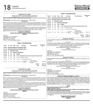 18                  sábado
                    23 de fevereiro de 2013
                                                                                                                                                                         Diário Oficial
                                                                                                                                                                          GUARUJÁ

                                      D E C R E T O N.º 10.242.
                      “Dispõe sobre a abertura de crédito adicional suplementar,
                       autorizada pela Lei n.º 3.993, de 05 de dezembro de 2012.”
MARIA ANTONIETA DE BRITO, Prefeita Municipal de Guarujá, no uso de suas atribuições legais;
e,
Considerando o que consta no processo administrativo n.º 4885/18/2013;
                                              DECRETA:
Art. 1.º Fica aberto ao orçamento corrente, com fundamento na autorização contida no inciso I do
art. 7.º da Lei n.º 3.993, de 05 de dezembro de 2012, o crédito adicional suplementar no valor de
R$ 38.254,18 (trinta e oito mil, duzentos e cinquenta e quatro reais e dezoito centavos), conforme
programação constante do Anexo I deste Decreto.
Art. 2.º O crédito aberto por este Decreto será coberto com o superávit financeiro verificado no
                                                                                             2
exercício de 2012 dos recursos próprios do Fundo Municipal do Esporte e Lazer – FUMEL, no valor
de R$ 38.254,18 (trinta e oito mil, duzentos e cinquenta e quatro reais e dezoito centavos).
Art. 3.º Este Decreto entra em vigor na data de sua publicação.
                                      Registre-se e publique-se.
                   Prefeitura Municipal de Guarujá, em 22 de fevereiro de 2013.
                                                PREFEITA
“ORÇ”/dll
Registrado no Livro Competente
“UAE GBPRE”, em 22.02.2013
Débora de Lima Lourenço                                                                                                                        Portaria N.º 1052/2013.-
Pront. n.º 11.901, que o digitei e assino                                                              MARIA ANTONIETA DE BRITO, PREFEITA MUNICIPAL DE GUARUJÁ, usando das atribuições que a Lei
                                                                                                       lhe confere,
                                                                                                                                                     RESOLVE:
                                                                                                       DESIGNAR a servidora VANESSA DOS SANTOS GOMES – Pront. n.º 14.838, para o cargo de provimen-
                                                                                                       to em comissão, símbolo DAS-10, de Diretor I de Execução e Controle Financeira, durante o impedi-
                                                                                                       mento do seu titular (Pront. n.º 14.570), por motivo de férias, a partir de 25.02.2013.
                                                                                                                                       Registre-se, publique-se e dê-se ciência.
                                                                                                                             Prefeitura Municipal de Guarujá, 22 de fevereiro de 2013.
                                                                                                                                                       PREFEITA
                                                                                                                                           Secretário Municipal de Finanças
                                                                                                       “SEFIN”/dll
                                                                                                       Registrada no Livro Competente
                                                                                                       “UAE GBPRE”, em 22.02.2013
                                                                                                       Débora de Lima Lourenço
                                                                                                       Pront. n.º 11.901, que a digitei e assino

                                                                                                                                               Portaria N.º 1053/2013.-
                                                                                                       MARIA ANTONIETA DE BRITO, PREFEITA MUNICIPAL DE GUARUJÁ, usando das atribuições que a Lei
                                                                                                       lhe confere,
                                                                                                                                                     RESOLVE:
                                                                                                       DESIGNAR a servidora LUCIELMA FERREIRA FEITOSA – Pront. n.º 14.613, para o cargo de provimento em
                                                                                                       comissão, símbolo DAS-11, de Diretor II, junto à Diretoria de Execução e Controle Financeira, durante o
                                                                                                       impedimento do seu titular (Pront. n.º 14.838), por motivo de Substituição, a partir de 25.02.2013.
                                                                                                                                       Registre-se, publique-se e dê-se ciência.
                                                                                                                             Prefeitura Municipal de Guarujá, 22 de fevereiro de 2013.
                                                                                                                                                        PREFEITA
                                                                                                                                           Secretário Municipal de Finanças
                                       D E C R E T O N.º 10.243.                                       “SEFIN”/dll
                       “Dispõe sobre a abertura de crédito adicional suplementar,                      Registrada no Livro Competente
                        autorizada pela Lei n.º 3.993, de 05 de dezembro de 2012.”                     “UAE GBPRE”, em 22.02.2013
MARIA ANTONIETA DE BRITO, Prefeita Municipal de Guarujá, no uso de suas atribuições legais;            Débora de Lima Lourenço
e,                                                                                                     Pront. n.º 11.901, que a digitei e assino
Considerando o que consta no processo administrativo n.º 4602/18/2013;
                                               DECRETA:                                                                        EXTRATO DE TERMO DE CONVÊNIO n.º 023/2013.
Art. 1.º Fica aberto ao orçamento corrente, com fundamento na autorização contida no inciso I do       Convenentes: Município de Guarujá e o SAIPEM DO BRASIL SERVIÇOS DE PETRÓLEO; Objeto: Viabi-
                                                                                                       lizar a criação de um programa de transporte gratuito para os munícipes da cidade de Guarujá, e
art. 7.º da Lei n.º 3.993, de 05 de dezembro de 2012, o crédito adicional suplementar no valor de R$   nesta residente, regularmente matriculados nos cursos profissionalizantes ministrados pela Escola
131.821,22 (cento e trinta e um mil, oitocentos e vinte e um reais e vinte e um centavos), conforme    SENAI Instalada na Escola Municipal “1.º de Maio”, em Guarujá-SP, e Escola SENAI Cubatão-SP, para
programação constante do Anexo I deste Decreto.                                                        que possam frequentar referidas escolas; Processo administrativo n.º: 3507/3418/2013; Vigência: 02
Art. 2.º O crédito aberto por este Decreto será coberto com o superávit financeiro verificado no       (dois) anos; Data de Assinatura: 21 de fevereiro de 2013; Guarujá, 22 de fevereiro de 2013; DÉBORA
exercício de 2012 dos recursos transferidos pelo Governo Federal – Ministério dos Esportes, desti-     DE LIMA LOURENÇO - Pronto. n.º 11.901, que o digitei e publico.
nados ao Programa Segundo Tempo/Navegar – convênio 760353/2011, no valor de R$ 131.821,22
(cento e trinta e um mil, oitocentos e vinte e um reais e vinte e um centavos).                                                                      ERRATA
Art. 3.º Este Decreto entra em vigor na data de sua publicação.                                        Processo Administrativo nº 29312/71137/2012
                                       Registre-se e publique-se.                                      Pregão Presencial nº 06/2013
                                                                                                       Objeto: Registro de Preços para fornecimento de pães variados, com entrega ponto a ponto,
                    Prefeitura Municipal de Guarujá, em 22 de fevereiro de 2013.                       para unidades da Prefeitura Municipal de Guarujá.
                                                 PREFEITA                                              I – No termo de homologação do certame licitatório em epígrafe, publicado na edição de 20 de
“ORÇ”/dll                                                                                              Fevereiro de 2013 do Diário Oficial do Município, onde se lê “Guarujá, 08 de Janeiro de 2013”, leia-se
Registrado no Livro Competente                                                                         “Guarujá, 08 de Fevereiro de 2013”, mantendo-se inalteradas as demais disposições.
“UAE GBPRE”, em 22.02.2013                                                                             II – Publique-se.
Débora de Lima Lourenço                                                                                                                Guarujá, 22 de Fevereiro de 2013
Pront. n.º 11.901, que o digitei e assino                                                                                                 MARIA ANTONIETA DE BRITO
                                                                                                                                                    PREFEITA
 