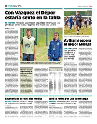 36 Jueves 23 mayo 2013 M
Aythami espera
al mejor Málaga
CAUTO El central
cree que los de
Pellegrini se lo
pondrán muy
difícil al Dépor
este domingo
Pepe Torrente • La Coruña
Aythami no se fía de los pro-
blemas que parece tener el
Málaga.EnlacapitaldelaCos-
ta del Sol se está hablando de
todo menos del partido con-
traelDeportivo.Parecenmás
centrados en las posibles sa-
lidasdejugadoreselpróximo
verano. Incluso Pellegrini ya
ha anunciado su marcha.
Peseatodo,elcentralcana-
riocreequelosfutbolistasdel
cuadro andaluz saldrán con-
centrados al terreno de juego
para ganar y certificar la cla-
sificaciónparalaEuropaLea-
gue: “No es lo mismo dejar al
equipo fuera de Europa que
dentro.Paraunjugadoresim-
portante que el equipo logre
lo máximo posible; siempre
repercute. Ha llegado a cuar-
tos de final de la Champions
League y tiene jugadores de
primer nivel. Después de la
eliminacióndelaChampions
noseleestándandolosresul-
tados,perobastaquedigaeso
para que nos metan tres. Es-
pero que no tengan su día”.
Aythamitambiénhablóso-
bre las palabras de Fernando
VázquezenRadioMARCA,en
donde indicó que Valerón te-
nía pensado dejar La Coruña
alfinalizarlapresentetempo-
rada.Alzaguerolegustaríase-
guircontandoconsucompa-
ñerolapróximacampaña,pe-
ro respetará la decisión que
tome:“Paratodos,paralaciu-
dad, para el Dépor y para no-
sotros,esimportantísimoque
Valerónsiga.Demomentova
aseguirhastajunioynosvaa
ayudar. Si alguien tiene que
daresainformaciónesElFla-
coynadiedebehablarporél”.
Tampoco eludió comentar
losrecortesquehatenidoque
hacer el club a instancias del
juezquellevaelconcurso(WI-
FI del estadio, la compra de
periódicos, la supresión del
Canal Satélite, la comida de
directivas y los canapés del
Palco).Paraél,sontemasque
estánalmargendelgrupo:“Yo
melevantocadamañanacon
ganas de entrenar y no si hay
WIFI en el estadio o si hay
prensa para que la lea la se-
cretaría técnica”.
Aythami (27) realiza un esprint durante un ensayo del Dépor.
AMADOR LORENZO
Con Vázquez el Dépor
estaría sexto en la tabla
EL TÉCNICO ha logrado 19 puntos en 13 partidos • Ha enlazado seis
partidos sin perder en casa • Depende de sí mismo para salvarse
Juan Yordi • La Coruña
FernandoVázquezhacambia-
dodeformaradicallatrayec-
toria del Deportivo esta tem-
porada. El técnico cogió un
equipo prácticamente muer-
to,coneldescensoaSegunda
muy cerca por las malas sen-
saciones que transmitía. Sin
embargo, desde su llegada al
banquillo de Riazor, Vázquez
ha irradiado un optimismo a
la plantilla y a la afición que
haprovocadoungirototalen
los resultados del Dépor. Su
primer partido fue en la jor-
nada24.Desdeeseinstanteha
logrado19puntosen13parti-
dos, lo que situaría al cuadro
blanquiazulensextolugarde
una hipotética clasificación
en esos 13 encuentros.
ElpreparadordeCastrofei-
toafirmódesdeelprimermo-
mentoqueelequipoteníamu-
chomargendemejora,quelos
futbolistas que integraban el
plantel eran más valiosos de
lo que reflejaba la clasifica-
ción. Convenció al vestuario
dequeteníanmuchasposibi-
lidadesdelograrlasalvación,
de que quedaba mucho cam-
peonatopordelanteparacon-
seguirlo. También convenció
alahinchada,quequedómuy
tocada tras la derrota frente
al Granada en Riazor por 0-3.
Vázquezlesdevolviólailusión.
Riazorsehaconvertidoenuna
calderadondeelDépornopier-
de desde el pasado mes de fe-
brero. Acumula seis choques
sin caer derrotado en casa, la
mejor racha en Primera des-
de la temporada 2007-08.
Portodoello,loscoruñeses
encaran las dos últimas jor-
nadas de Liga en una situa-
ción privilegiada teniendo en
cuentatodolopasadoduran-
teelaño.Enestosmomentos,
el Dépor está fuera de la zona
de descenso y depende de sí
El cuadro coruñés
puede salvarse el
próximo domingo
J. Y. • La Coruña
Laremontadaquehaprota-
gonizadoelDéporenelúlti-
motramodeLigapuedete-
nersuéxitofinalestedomin-
go.Sielequipocoruñésesca-
pazdederrotaralMálagaen
LaRosaledayelZaragoza
pierdeenelBenitoVillamarín
anteelBetis,elDéporlogrará
lasalvacióndeformamate-
máticaconunajornadade
antelación,algoimpensable
haceunosdosmeses,cuando
losgallegoserancolistas.
RECUPERADO Ya está bien de una pubalgia
que le ha hecho sufrir durante cinco meses
Laure recibe al fin el alta médica
P. T. • La Coruña
Laure empieza a ver la luz al
finaldeltúnel.Trascincome-
seslesionadoporculpadeuna
pubalgia,eldefensarecibióel
altamédica.Laurellevabauna
semanatrabajandoalmismo
ritmo que sus compañeros y,
alverquerespondíabienalos
entrenamientos, los galenos
del club herculino han deci-
didoqueeldefensayaestáap-
to para jugar.
De todos modos, será com-
plicado que pueda tener mi-
nutos en esta final de Liga, ya
que el propio futbolista ad-
mite que está falto de ritmo
de competición. Laure ha pa-
sado la peor campaña de su
carrera deportiva. Vivió mo-
mentos de incertidumbre al
comprobar que no era capaz
de superar una pubalgia que
no era la típica que sufre un
futbolista.
Han sido cinco largos me-
ses en los que el zaguero no
ha podido ayudar al equipo
en una temporada complica-
da para el Dépor.
mismo para mantenerse. Si
gana al Málaga y a la Real So-
ciedad, seguirá seguro en la
máxima categoría, un objeti-
voqueayudaríamuchoaase-
gurar el futuro económico de
la entidad, inmersa desde el
pasado mes de enero en con-
cursodeacreedoresporlaim-
posibilidad de hacer frente a
las deudas que acumula.
Fernando Vázquez es el
principal responsable de es-
te espectacular cambio de
rumbo en la trayectoria del
conjunto gallego. Su llegada
modificó una campaña que
avanzaba hacia el fracaso to-
tal pero que puede terminar
en una remontada que Dani
Aranzubía calificó en su mo-
mento de “épica”.
Fútbol Liga BBVA
AMADOR LORENZO
PENDIENTE DE NÉLSON Fernando Vázquez estuvo ayer muy encima de Nélson Oliveira. El técnico
quiere que el luso se olvide de su incidente con la afición y rinda a tope en la recta final de Liga.
ENSAYO El madrileño no acaba la sesión por
precaución, mientras que Pizzi sigue tocado
Riki se retira por una sobrecarga
P. T. • La Coruña
Riki no pudo terminar ayer la
sesión de entrenamiento por
culpa de una sobrecarga en
el gemelo de la pierna dere-
cha. El delantero decidió pa-
rar por precaución. En prin-
cipio, no parece que el madri-
leño vaya a tener ningún
problema para estar disponi-
ble para Fernando Vázquez
de cara al partido del próxi-
mo domingo contra el Mála-
ga en La Rosaleda.
El que sigue siendo duda
para ese encuentro es Pizzi,
que sufre una contractura y
que lleva toda la semana al
margen del grupo. Habrá que
esperar a ver cómo evolucio-
na para saber si el luso puede
estar en un choque en donde
el Dépor se juega muchas de
susopcionesdeseguirenPri-
mera división. Pizzi terminó
conproblemasmuscularesel
duelo ante el Espanyol.
Salomaotambiéncontinúa
de baja, aunque está previsto
que hoy haga algunos ejerci-
cios con sus compañeros.
Equipos Ptos. J G E P GF GC
1 Real Madrid35 13 11 2 0 38 15
2 Barcelona 32 13 10 2 1 31 13
3 R. Sociedad26 13 7 5 1 29 17
4 Valencia 25 13 7 4 2 31 15
5 Atlético 22 13 6 4 3 18 7
6 DÉPOR 19 13 5 4 4 19 15
7 Sevilla 18 13 5 3 5 23 15
8 Getafe 18 13 5 3 5 13 11
9 Athletic 18 13 5 3 5 13 16
10 Betis 16 13 4 4 5 21 21
11 Espanyol 16 13 4 4 5 13 15
12 Málaga 15 13 4 3 6 13 24
13 Osasuna 14 13 4 2 7 10 18
14 Mallorca 14 13 4 2 7 16 27
15 Valladolid 13 13 3 4 6 15 23
16 Granada 13 13 3 4 6 13 21
17 Rayo 12 13 3 3 7 13 24
18 Celta 11 13 3 2 8 13 24
19 Zaragoza 10 13 2 4 7 13 22
20 Levante 9 13 1 6 6 9 21
CLASIFICACIÓN ENTRE
LAS JORNADAS 24 Y 36
 