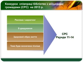 LOGOКонкурси співпраці бібліотек з місцевими
громадами (СРС) на 2013 р.
Реклама і маркетинг
Е-урядування
Здоровий образ життя
СРС
Раунди 11-14
Тема буде визначена пізніше
 