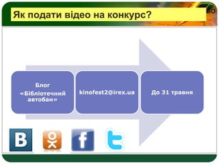 LOGO
Як подати відео на конкурс?
Блог
«Бібліотечний
автобан»
kinofest2@irex.ua До 31 травня
 