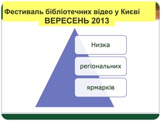 LOGO
Фестиваль бібліотечних відео у Києві
Низка
регіональних
ярмарків
ВЕРЕСЕНЬ 2013
 