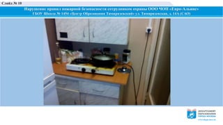 Нарушение правил пожарной безопасности сотрудником охраны ООО ЧОП «Евро-Альянс»
ГБОУ Школа № 1454 «Центр Образования Тимирязевский» ул. Тимирязевская, д. 14А (САО)
Слайд № 10
 
