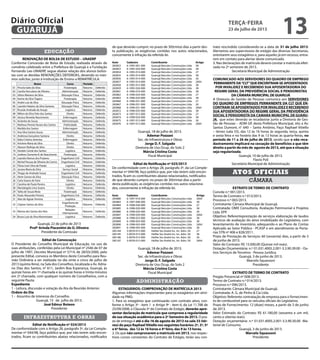 educação
RENOVAÇÃO DE BOLSA DE ESTUDO – UNAERP
Conforme Concessão de Bolsa de Estudo, realizada através de
convênio celebrado entre a Prefeitura de Guarujá e a Fundação
Fernando Lee-UNAERP, segue abaixo relação dos alunos bolsis-
tas com as devidas RENOVAÇÕES DEFERIDAS, devendo os mes-
mos solicitar, junto à Instituição de Ensino a REMATRÍCULA.
Nome Curso Período  
01 Priscila Sales da Silva Fisioterapia Noturno Deferido
02 Camila Herculano de Oliveira Administração Noturno Deferido
03 Gilton Mariano da Silva Educação Física Noturno Deferido
04 Karine da Silva Trajano Fisioterapia Noturno Deferido
05 André Luiz da Silva Educação Física Noturno Deferido
06 Leandro Natário da Silva Santana Educação Física Noturno Deferido
07 Ricardo Andrade de Araujo Logística Noturno Deferido
08 Wilton da Silva Felix dos Santos Direito Noturno Deferido
09 Jéssica Almeida Nascimento Enfermagem Noturno Deferido
10 Acilanita de Souza Administração Noturno Deferido
11 Matheus Pereira Nunes dos Santos Publicidade Noturno Deferido
12 Marilda dos Santos Enfermagem Noturno Deferido
13 Ana Silva Santos Sousa Administração Noturno Deferido
14 Andressa Gonçalves Santana Direito Noturno Deferido
15 Kátia Cristina Jeremias Enfermagem Noturno Deferido
16 Ariclene Maria da Silva Direito Noturno Deferido
17 Alysson Rodrigo da Silva Direito Noturno Deferido
18 Daniele Carole dos Santos Logística Noturno Deferido
19 Josilene Clemente B. do Nascimento Fisioterapia Noturno Deferido
20 Leandro Ramos dos Prazeres Engenharia Civil Noturno Deferido
21 Michel Pessoa de Oliveira do Carmo Engenharia Civil Noturno Deferido
22 Flávia Ivani Silva da Paixão Logística Noturno Deferido
23 Jaciara Maria da Silva Serviço Social Noturno Deferido
24 Thiago de Andrade Souza Engenharia Civil Noturno Deferido
25 Almir Gomes da Silva Educação Física Noturno Deferido
26 Carla Soares de Faria Direito Noturno Deferido
27 Carolina de Paula Pereira Logística Noturno Deferido
28 Marizângela Lima Soares Direito Noturno Deferido
29 Talita de Souza Mota Fisioterapia Noturno Deferido
30 Paulo Alexandre Pereira Engenharia Civil Noturno Deferido
31 Alan de Aguiar Ferreira Logística Noturno Deferido
32 Clayton Santos da Silva
Engenharia de
Produção
Noturno Deferido
33 Marina dos Santos dos Reis
Relações
Internacionais
Noturno Deferido
34 Bruno Luiz da Silva Moromizato Logística Noturno Deferido
Guarujá, 22 de julho de 2013
Profª Arinda Piacentini de O. Oliveira
Presidente da Comissão
Edital de Convocação
O Presidente do Conselho Municipal de Educação, no uso de
suas atribuições, conferidas pela Lei Municipal nº 2546 de 07 de
julho de 1997, Decreto Municipal nº 5714, de 28/03/2000, pelo
presente Edital, convoca os Membros deste Conselho para Reu-
nião Ordinária a ser realizada no dia vinte e cinco de julho de
2013 (quinta-feira), na Sala dos Conselhos, localizada a Av. Adria-
no Dias dos Santos, nº 611, Jardim Boa Esperança, Guarujá, às
quinze horas em 1ª chamada e às quinze horas e trinta minutos
em 2ª chamada, com qualquer número de Conselheiros, com a
seguinte Pauta:
Expediente
1 - Leitura, discussão e votação da Ata da Reunião Anterior.
Ordem do Dia
1 - Assuntos de interesse do Conselho.
Guarujá, 15 de julho de 2013.
José Edmur Boteon
Presidente
infraestrutura e obras
Edital de Notificação nº 024/2013
De conformidade com o Artigo 28, parágrafo 3º, da Lei Comple-
mentar nº 044/98, faço público que, por não terem sido encon-
trados, ficam os contribuintes abaixo relacionados, notificados
de que deverão cumprir, no prazo de 30(trinta) dias a partir des-
ta publicação, as exigências contidas nos autos relacionados,
concernente à infração da referida lei.
Auto	 Cadastro	 Contribuinte	 Artigo
283852	 6-1095-001-000	 Guarujá Veículos Construções Ltda	 38
283853	 6-1095-020-000	 Guarujá Veículos Construções Ltda	 38
283854	 6-1095-014-000	 Guarujá Veículos Construções Ltda	 27
283855	 6-1095-014-000	 Guarujá Veículos Construções Ltda	 38
283856	 6-1095-014-000	 Guarujá Veículos Construções Ltda	 26
283857	 6-1095-014-000	 Guarujá Veículos Construções Ltda	 26§4
283858	 6-1095-015-000	 Guarujá Veículos Construções Ltda	 38	
283859	 6-1095-026-000	 Guarujá Veículos Construções Ltda	 38
283861	 6-1096-010-000	 Guarujá Veículos Construções Ltda	 38
283862	 6-1096-024-000	 Guarujá Veículos Construções Ltda	 27
283863	 6-1096-024-000	 Guarujá Veículos Construções Ltda	 38
283866	 6-1096-031-000	 Guarujá Veículos Construções Ltda	 27
283867	 6-1096-031-000	 Guarujá Veículos Construções Ltda	 26
283868	 6-1096-031-000	 Guarujá Veículos Construções Ltda	 26§4
283872	 6-1096-035-000	 Guarujá Veículos Construções Ltda	 38
283873	 6-1097-012-000	 Guarujá Veículos Construções Ltda	 27
283874	 6-1099-024-000	 Guarujá Veículos Construções Ltda	 38
283875	 6-1097-012-000	 Guarujá Veículos Construções Ltda	 26
283876	 6-1097-012-000	 Guarujá Veículos Construções Ltda	 26§4
Guarujá, 18 de julho de 2013.
Ademar Pozzani
Sec. de Infraestrutura e Obras
Jorge D. F. Salgado
Diretoria de Uso Ocup. do Solo 2
Márcia Cristina Costa
Fiscal Municipal
Edital de Notificação nº 025/2013
De conformidade com o Artigo 28, parágrafo 3º, da Lei Comple-
mentar nº 044/98, faço público que, por não terem sido encon-
trados, ficam os contribuintes abaixo relacionados, notificados
de que deverão cumprir, no prazo de 30(trinta) dias a partir
desta publicação, as exigências contidas nos autos relaciona-
dos, concernente à infração da referida lei.
Auto	 Cadastro	 Contribuinte	 Artigo
283880	 6-1097-016-000	 Guarujá Veículos Construções Ltda	 26§4
283883	 6-1097-046-000	 Guarujá Veículos Construções Ltda	 38
283884	 6-1098-020-000	 Guarujá Veículos Construções Ltda	 27
283885	 6-1098-020-000	 Guarujá Veículos Construções Ltda	 38
283886	 6-1098-020-000	 Guarujá Veículos Construções Ltda	 26
283887	 6-1098-020-000	 Guarujá Veículos Construções Ltda	 26§4
283888	 6-1098-023-000	 Guarujá Veículos Construções Ltda	 38	
283889	 6-1098-043-000	 Guarujá Veículos Construções Ltda	 38
283890	 6-1098-043-000	 Guarujá Veículos Construções Ltda	 26§4
283891	 6-1098-045-000	 Guarujá Veículos Construções Ltda	 38
285184	 3-0078-015-000	 Hellite Sto André Inc. Im. Adm. SA	 27
285185	 3-0078-015-000	 Hellite Sto André Inc. Im. Adm. SA	 38
285186	 3-0078-015-000	 Hellite Sto André Inc. Im. Adm. SA	 26
285187	 3-0078-015-000	 Hellite Sto André Inc. Im. Adm. SA	 26§4
Guarujá, 18 de julho de 2013.
Ademar Pozzani
Sec. de Infraestrutura e Obras
Jorge D. F. Salgado
Diretoria de Uso Ocup. do Solo 2
Márcia Cristina Costa
Fiscal Municipal
administração
ESTAGIÁRIOS: COMPROVAÇÃO DE MATRÍCULA 2013
Algumas informações importantes para os estagiários em ativi-
dade na PMG:
1. Para os estagiários que continuarão com contrato ativo, con-
forme o Artigo 3º - item 1 e Artigo 9º - item 6, da Lei 11.788 de
25/09/2008, e Cláusula 5º do Contrato de Estágio, deverão apre-
sentar declaração de matrícula que comprove a regularidade
de sua situação acadêmica para o 2º Semestre de 2013. O pra-
zo de entrega é até o dia 16 de agosto de 2013 na sala 33 (tér-
reo) do paço RaphaelVitiello nos seguintes horários: 2ª, 3ª, 5ª
e 6ª feiras, das 12 às 16 horas e 4ª feira, das 9 às 13 horas.
2. Os que não comprovarem a matrícula em 2013, nos respec-
tivos cursos constantes do Contrato de Estágio, terão seu con-
trato rescindido considerando-se a data de 31 de julho 2013.
Alertamos aos supervisores de estágio das diversas Secretarias,
orientarem seus estagiários e, para aqueles já em recesso, entra-
rem em contato para alertar deste comunicado.
3. Nas declarações de matrícula deverá constar a matrícula efeti-
vada no 2º semestre de 2013.
Secretaria Municipal de Administração
COMUNICADO AOS SERVIDORES DO QUADRO DE EMPREGO
PERMANENTE DA“CLT”QUE ENCONTRAM-SE APOSENTADOS
POR INVALIDEZ E RECEBENDO SUA APOSENTADORIA DO
REGIME GERAL DA PREVIDÊNCIA SOCIAL E PENSIONISTAS
DA CÂMARA MUNICIPAL DE GUARUJÁ
A Diretoria de Gestão de Pessoas comunica aos SERVIDORES
DO QUADRO DE EMPREGOS PERMANENTE DA CLT QUE EN-
CONTRAM-SE APOSENTADOS POR INVALIDEZ E RECEBENDO
SUA APOSENTADORIA DO REGIME GERAL DA PREVIDÊNCIA
SOCIAL E PENSIONISTA DA CAMARA MUNICIPAL DE GUARU-
JA, que estes deverão se recadastrar junto a Diretoria de Ges-
tão de Pessoas – ADM GP, desta Prefeitura Municipal, sito a Av.
Santos Dumont, n° 640 – Santo Antônio, Paço Raphael Vitiello
– térreo (sala 33), das 12 às 16 horas às segunda, terça, quinta
e sexta feira e no horário das 9 às 13 horas às quarta-feiras, no
período de 11 a 26 de julho de 2013, sendo que o não reca-
dastramento implicará na cessação de benefícios a que têm
direito a partir do mês de agosto de 2013, até que a situação
seja regularizada.
Guarujá, 10 de julho de 2013.
Flavio Poli
Secretário Municipal de Administração
câmara
Atos oficiais
EXTRATO DE TERMO DE CONTRATO
Convite n.º 001/2013.
Termo de Contrato n.º 013/2013.
Processo n.º 065/2013.
Contratante: Câmara Municipal de Guarujá.
Contratada: OMX Consultoria, Avaliação Patrimonial e Projetos
Ltda. EPP.
Objetivo: Referenteprestação de serviços elaboração de laudos
técnicos de avaliação do ativo imobilizado do Legislativo, com
levantamento de inventário, adequando-o ao Plano de Contas
Aplicado ao Setor Público - PCASP e em atendimento às Porta-
rias STN nº 406 e 828/2011.
Prazo de Prestação de Serviços: 60 (sessenta) dias, a partir de 3
de junho de 2013.
Valor do Contrato: R$ 15.000,00 (Quinze mil reais).
Dotação Orçamentária: n.º 01.031.4005.2.001-3.3.90.39.00 - Ou-
tros Serviços de Terceiros - Pessoa Jurídica.
Guarujá, 3 de junho de 2013.
Marcelo Squassoni
Presidente
EXTRATO DE TERMO DE CONTRATO
Pregão Presencial nº 008/2013.
Termo de Contrato n.º 014/2013.
Processo n.º 096/2013.
Contratante: Câmara Municipal de Guarujá.
Contratada: A. G. de Pinho & Cia Ltda.
Objetivo: Referente contratação de empresa para o fornecimen-
to de combustível para os veículos oficiais do Legislativo.
Prazo de Fornecimento: 12 (doze) meses, a partir de 3 de junho
de 2013.
Valor Estimado do Contrato: R$ 61.180,00 (sessenta e um mil,
cento e oitenta reais).
Dotação orçamentária: n.º 01.031.4005.2.001-3.3.90.30.00 -Ma-
terial de Consumo.
Guarujá, 3 de junho de 2013.
Marcelo Squassoni
Presidente
terça-feira
23 de julho de 2013
13GUARUJÁ
Diário Oficial
 