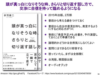 頭が真っ白になりそうな時、さらりと切り返す話し方で、
交渉に自信を持って臨めるようになる
99
Amazon: http://goo.gl/ha07ij Facebookグループ： https://www.facebook.com/groups/521353454670659/
⚫ 2015年出版、2万部
⚫ 普段から考える癖をつけておく
⚫ 普段から自分の意見を持ち、発言するよう
にすると対応力がつく
⚫ 事前に「発言予定メモ」を書き、予行演習し
ておくことで準備できる
⚫ 論理的かどうかは全然気にしなくてよい
⚫ 質問にはできるだけ即答する
⚫ 怒っていたら、まずは全部聞く
⚫ 台湾版、韓国版出版
⚫ オーディオブック
 